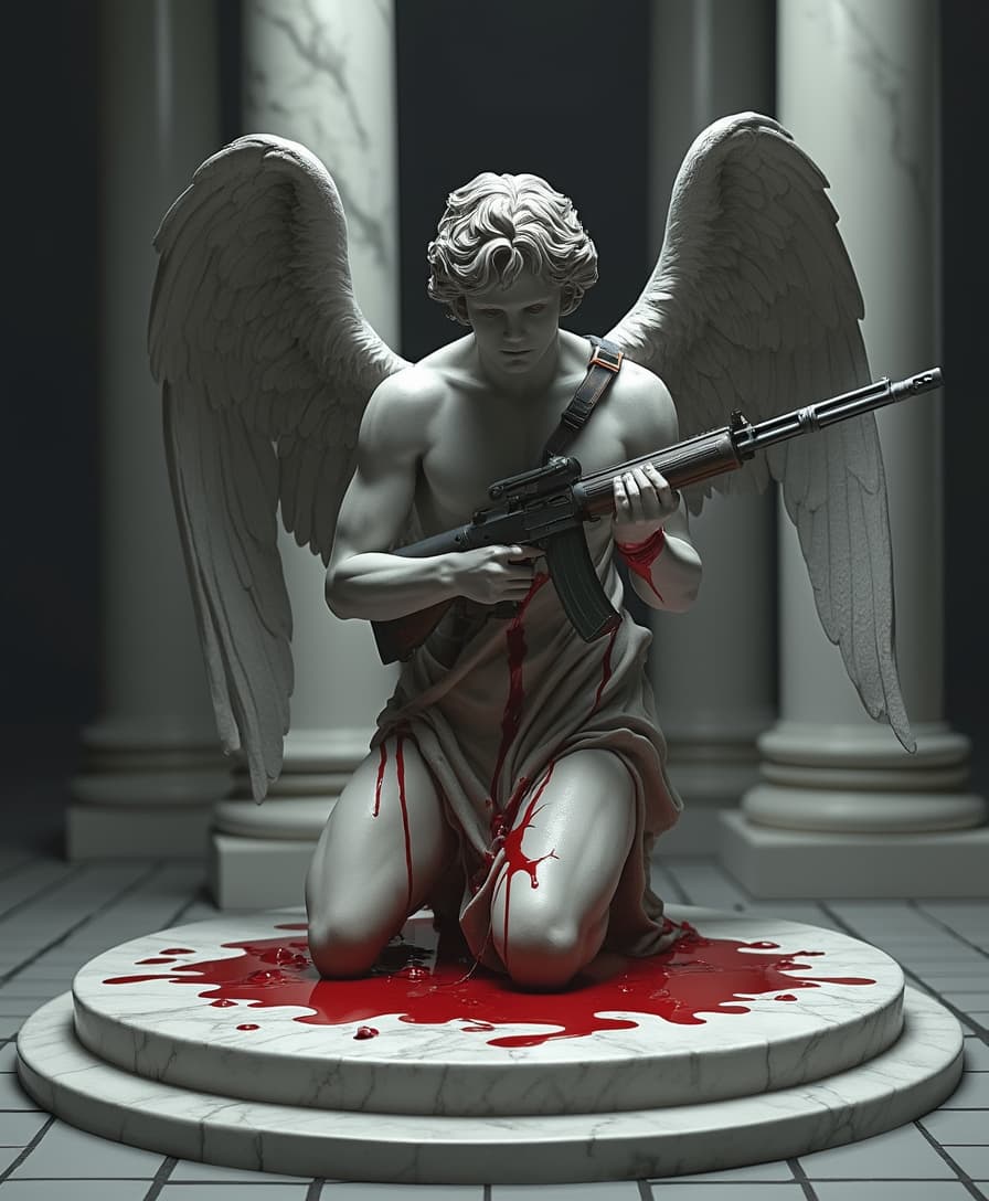 A statue of an angel kneeling with his wings spread and holding a rifle, the gun dripping red paint, with a pool of red liquid on the floor around him, against a black and grey background. In front of the figure is a white marble plinth with large columns behind him, in a digital art style, creating a horror scene with a dark mood and hyper-realistic, hyper-detailed rendering. 
