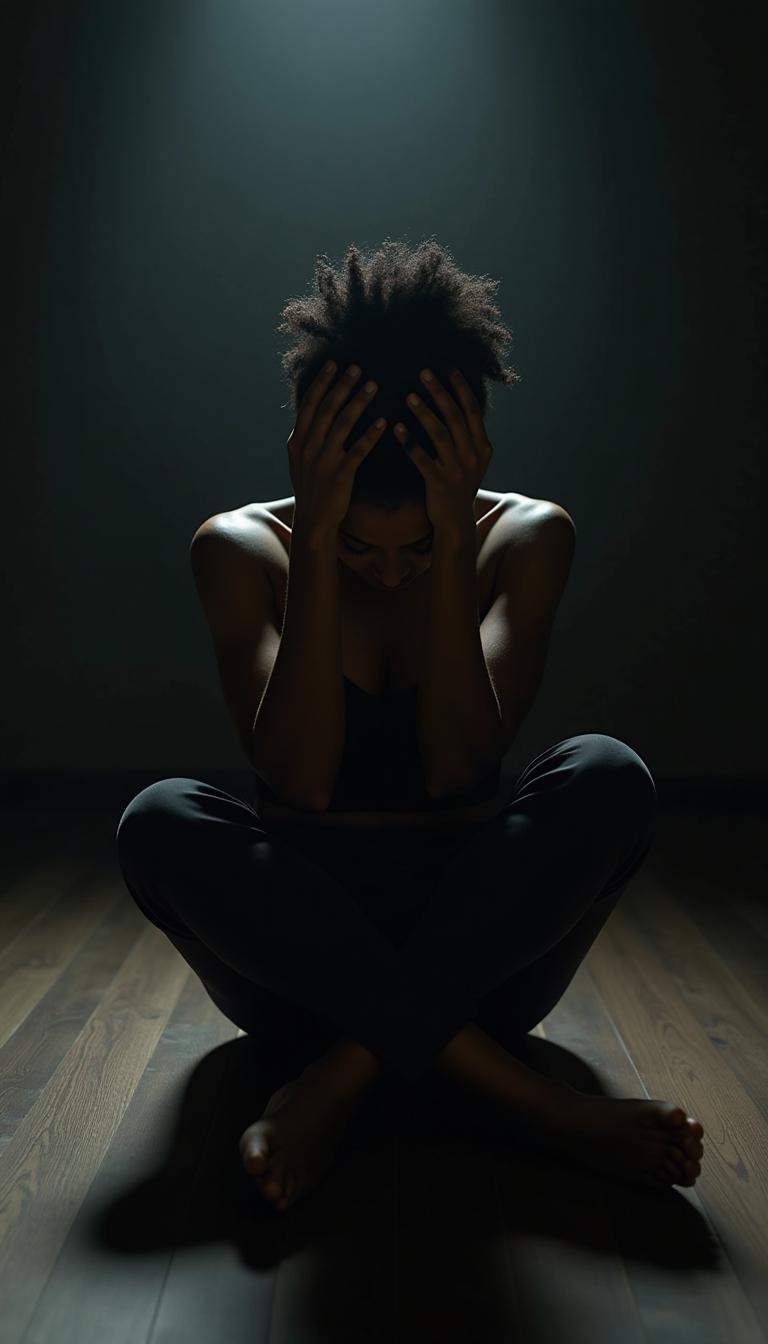 a photo of A figure, an African woman, sits in the middle of a dimly lit room. Her posture is slumped, her hands press against her forehead. symbols of the unseen weight of stress pressing in. 