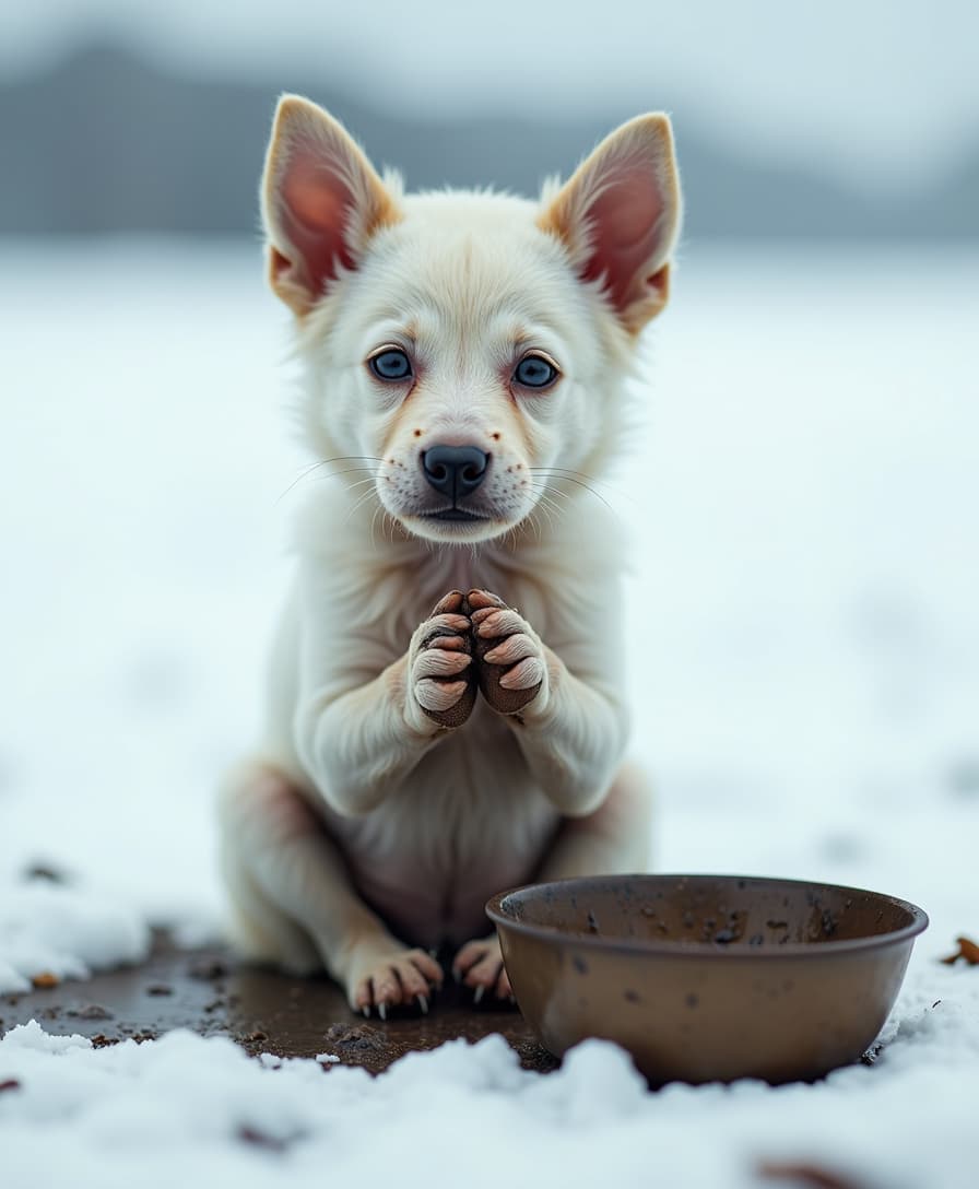 On the endless snowy plain, there is a very cute, skinny little white dog, dirty, covered with mud and water, with a pitiful expression on his face, his big eyes full of tears and helplessness, his paws clenched in prayer, the little paws are photographed very realistically, with a broken bowl next to it, blurred background, realistic style, long lens, wide angle 