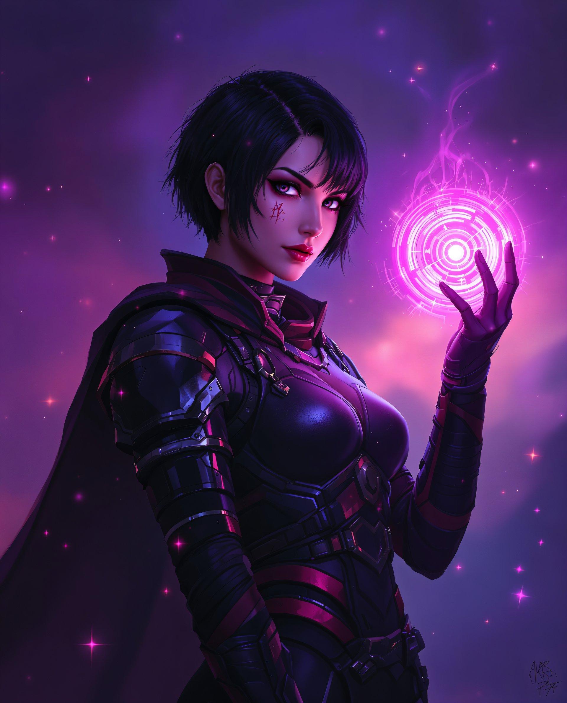 masterpiece, best quality, highres, sharp image, more detail <lora:more_details:0.5> <lora:SDXLrender_v2.0:1>, **Digital Painting of a Cyberpunk Sorceress:**

- **Subject:** A woman with short, dark hair, her expression fierce yet serene, stands in a poised stance. Her attire is a futuristic, armored outfit in black, accented with red and purple, showcasing battle scars and wear. 
- **Accessory:** In her raised right hand, she holds a luminous pink orb with a swirling, circular design, resembling a stylized clock face. The orb's light casts a soft glow on her hand, illuminating the intricate details of her armor.
- **Background:** Dark, moody with scattered sparks and particles floating around, enhancing the mystical atmosphere. The scene is set against a backdrop of deep purple, pink, and blue hues, creating a dramatic and intense environment.
- **Lighting:** Dynamic with strong contrasts between highlights and shadows, emphasizing the three-dimensional quality of the digital painting. The light from the orb and ambient lighting sources adds depth and texture to the scene.
- **Art Style:** High-tech fantasy, merging science fiction with supernatural elements. The artwork displays a cyberpunk aesthetic with magical motifs, rendered in the style of modern digital art with smooth gradients and seamless color blending.
- **Mood and Atmosphere:** The atmosphere is charged with tension and wonder, evoking a sense of impending action or revelation. The time of day could be interpreted as twilight, where the boundary between day and night blurs, enhancing the mystical and otherworldly feel.
- **Technical Aspects:** The image employs techniques like rim lighting to separate the character from the background, depth of field to focus on the orb, and particle effects to simulate magical energy. The digital medium allows for high detail, texture, and color manipulation to create a believable yet fantastical scene.
- **Composition:** The character is centered, slightly off to the left, with the orb held prominently in the foreground. The camera angle is slightly low, looking up to give her a heroic stature, with the background elements framing her to guide the viewer's eye through the scene.

This digital painting captures the essence of a cyberpunk sorceress, blending advanced technology with arcane magic in a visually stunning manner.
