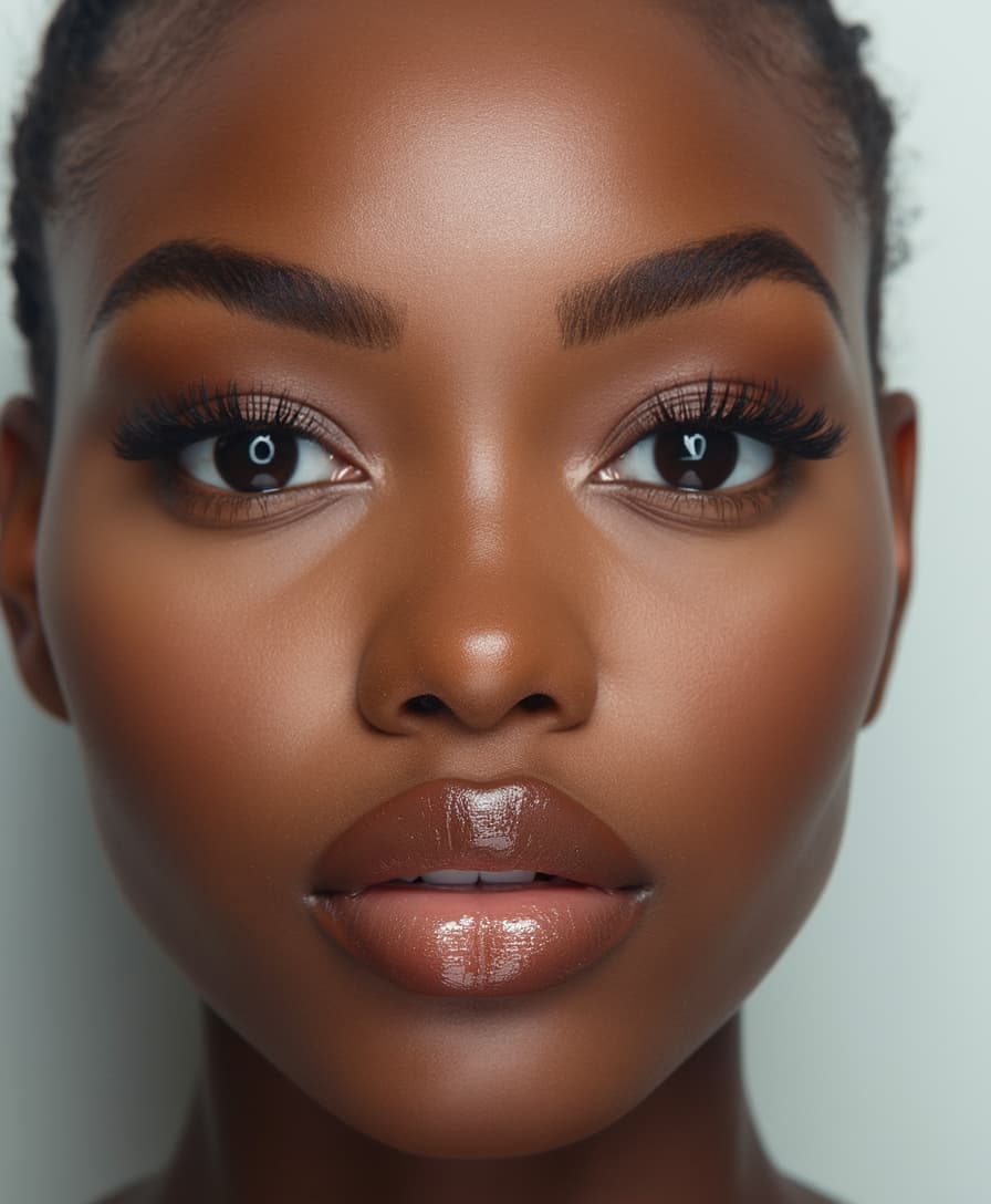 close frontal-view mugshot ::2 , 64k uhd resolution, undefined undefined woman with longer thicker detailed eyebrows, larger eyelids ::2 , hairless forehead, small button nose ::2 , undefined facial features, ebony skin, white background, neutral expression, facial symmetry, with ebony skintone, Moisture shine, texture enhancement, texture preservation,longer eyebrows, make-up, sharp, lip texture, glossy lip reflection, big fat pucker lips ::2 , glossy finish, closed mouth, lip gloss, no lashes, healthy plumped skin, attractive, cute, appealing, foundation, contour, natural