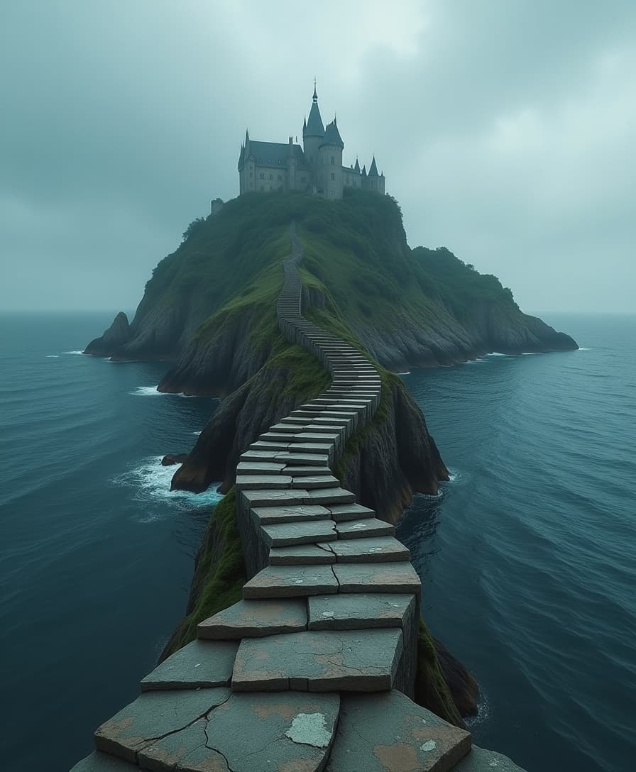 solid staircase going to an island floating in the middle of a stormy sea, with a small castle on top of it. The staircase twists slightly.