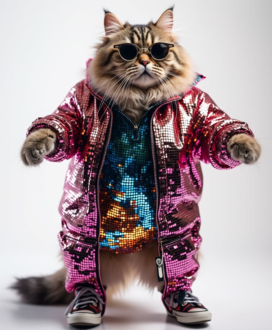 a cute cat in disco clothes, nightlife, isolated on white ground