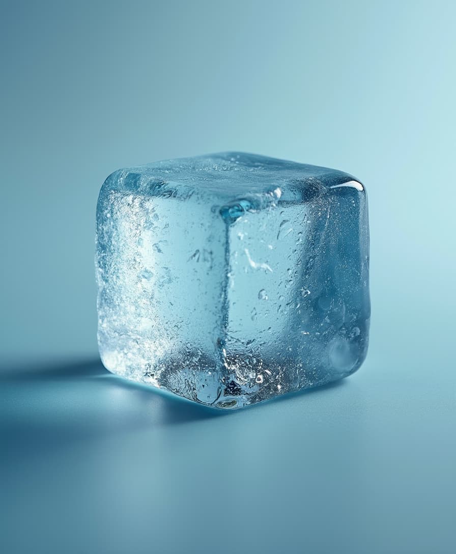 A close-up of an ice cube on the right side, light blue background, product photography, simple, minimalist, clean, crisp, sharp focus, studio lighting, high-resolution photography, insanely detailed, fine details, isolated plain, stock photo, professional color grading, award-winning composition, high definition, hyper-realistic