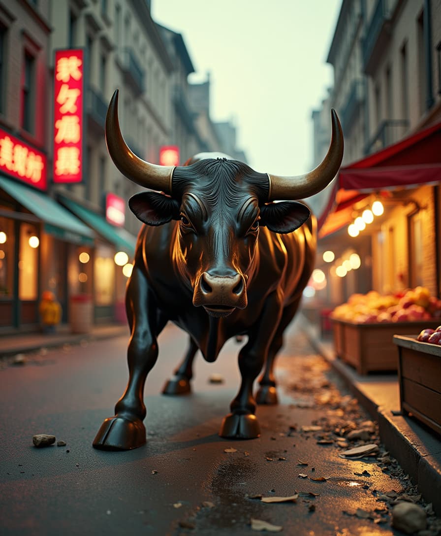 big bronze bull wrecking havoc in a city breaking houses and market, medival times, 4k, amazing lighting, glorious, dramatic, shot in a cinestill 