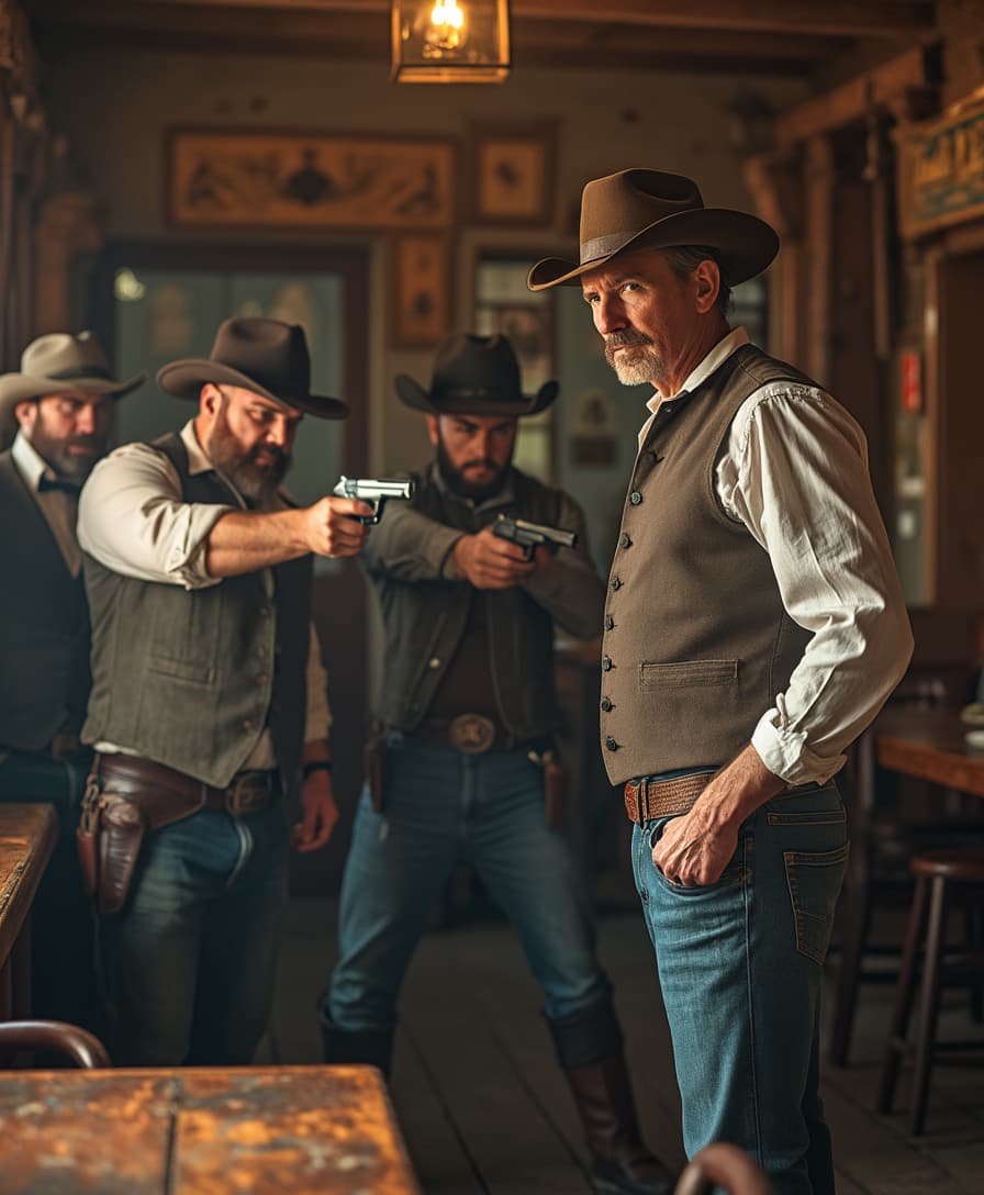 a man in a saloon, he is wearing normal clothes, he is standing on the right side, four men thugs on the left side pointing their guns to the man, the background is inside the saloon, natural lighting, photorealistic, shot with a sony A7IV 35mm F1.8