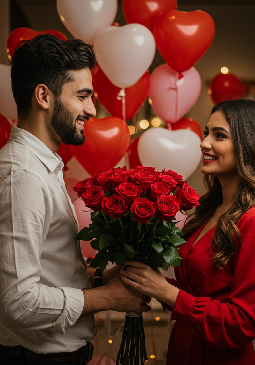 happy handsome man giving flowers to beautiful woman in dress for Valentine's day, festive atmosphere, heart-shaped balloons photo