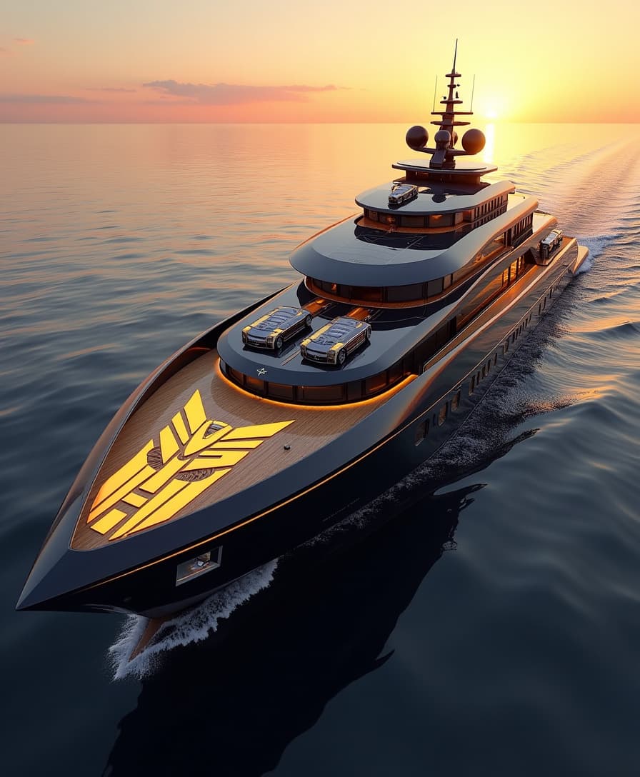 A luxurious yacht designed in the style of Transformers transforms into an animated version, inspired by a fighter jet with a black and gold color theme, featuring detailed elements like wheels on its deck and a large golden "Transformer" design in front of it. The yacht is set against an ocean backdrop at sunset, creating a dramatic effect. It has a futuristic appearance with sharp edges and metallic textures. 