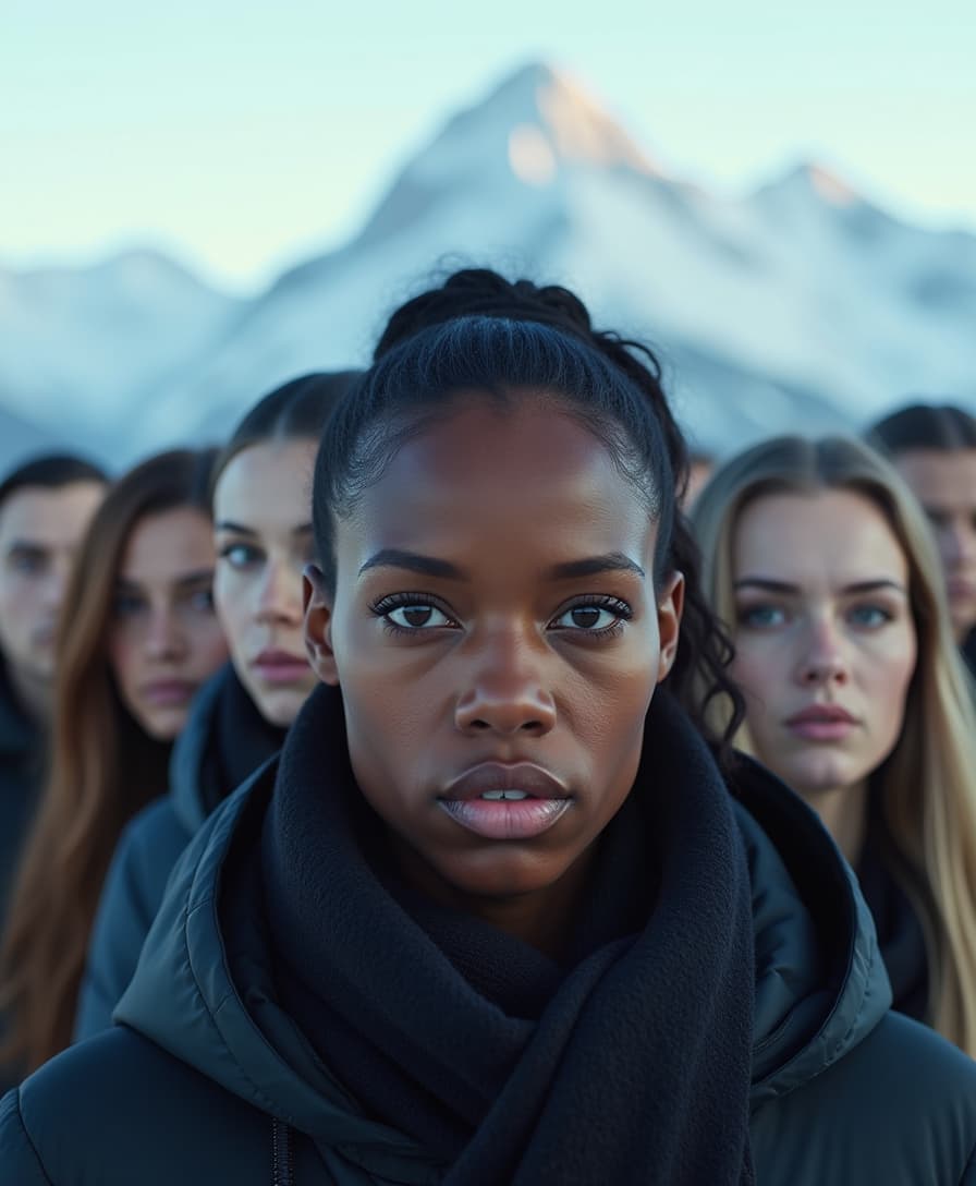 A normal black british woman in the foreground center of the image, her face partially shadowed. vengance is in her eyes. Close behind her is ten distinct individuals. The background is a bright winter mountain, snow-covered peaks. The composition is like an movie poster