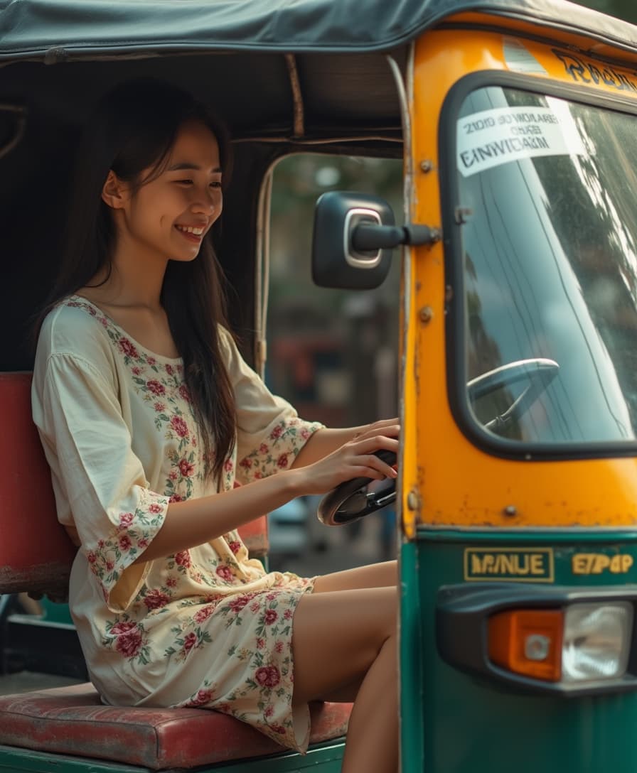 an Asian lady step into tuktuk in Cambodia street. Cinematic