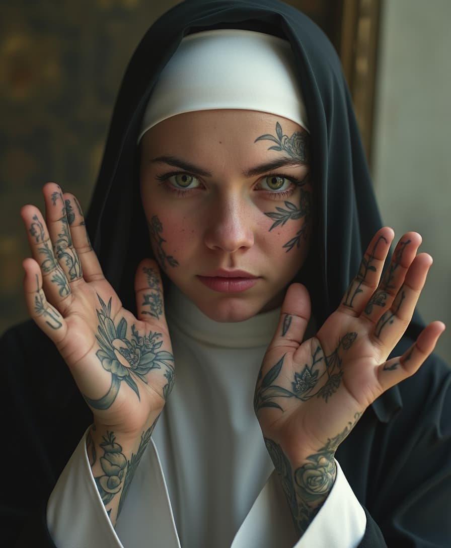 A nun with tattoos, holding up her hands to the camera, in a hyper-realistic style. 