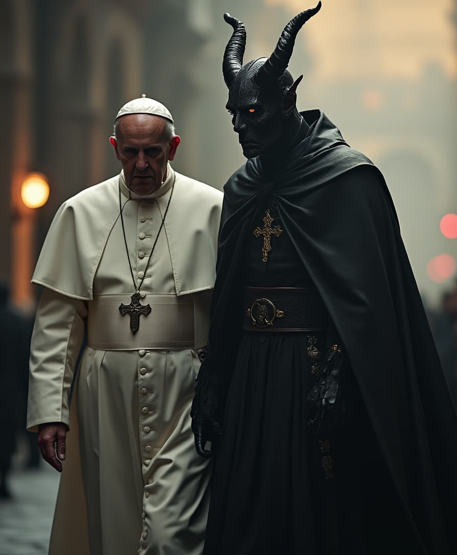 the pope walking along the devil wearing all black. Hyper realistic, rich texture, cinematic lighting, bokeh in the background 