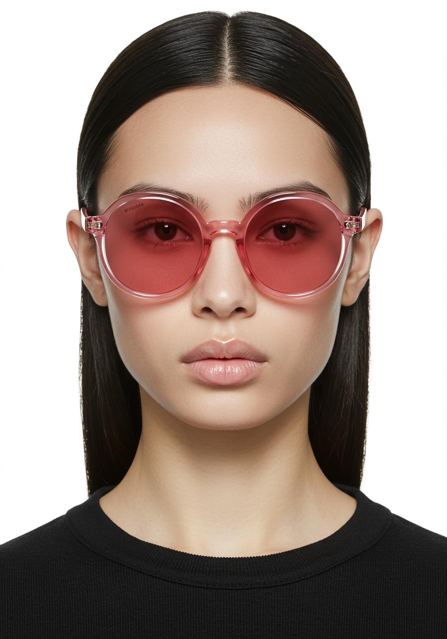A model wearing pink round Balenciaga sunglasses with thick frames, large lenses, and clear plastic material. The glasses have a bold design that includes round shapes and smooth edges. They feature an oversized shape with wide lens clarity for full face protection in bright light conditions. Her hair is styled straight back from the forehead, creating a sleek look against her white background. She has a white skin tone, with glossy lips, looking directly at the camera.