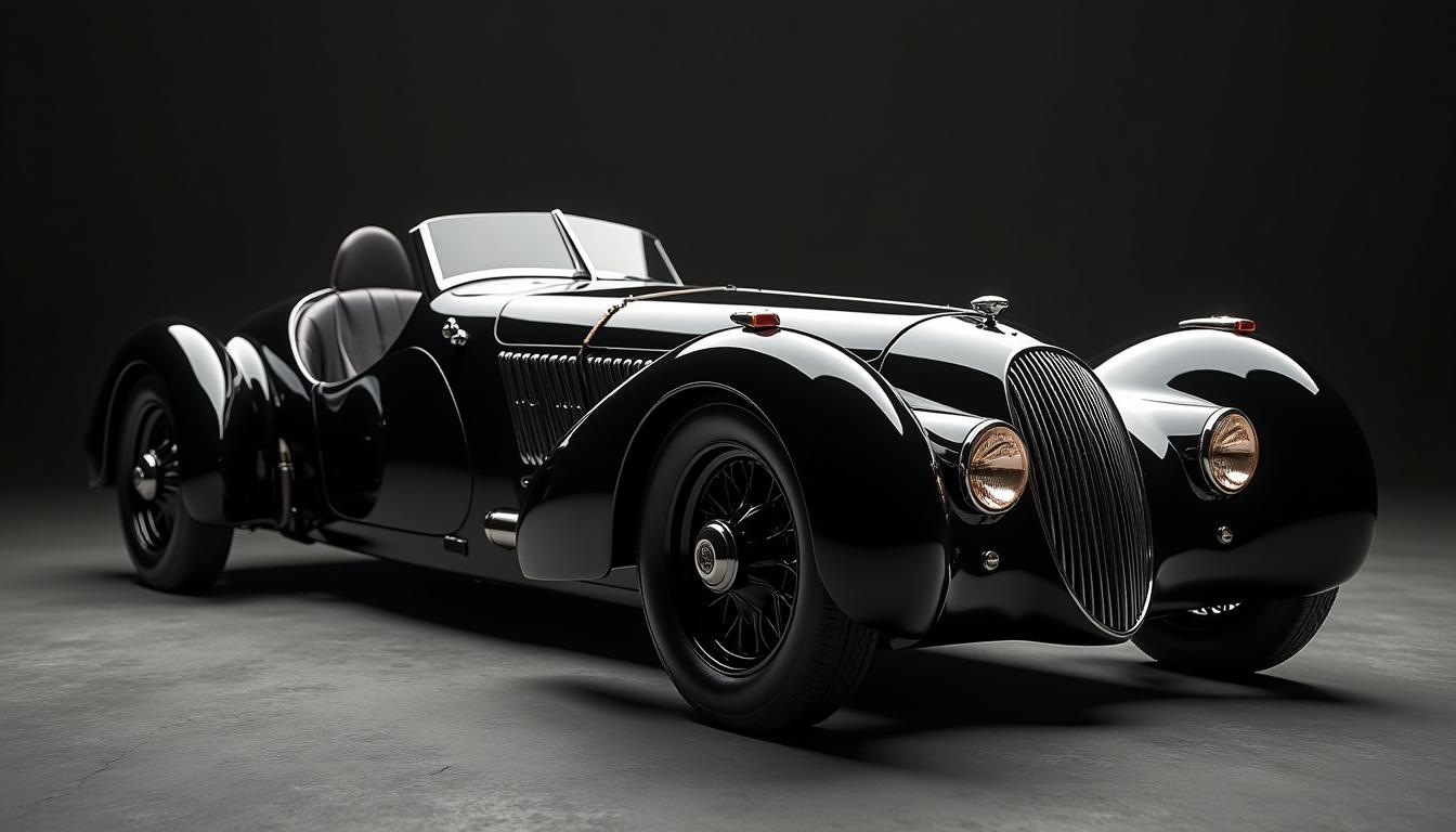 Steampunk sleek black car, perfect lines and details, chiaroscuro, dramatic light