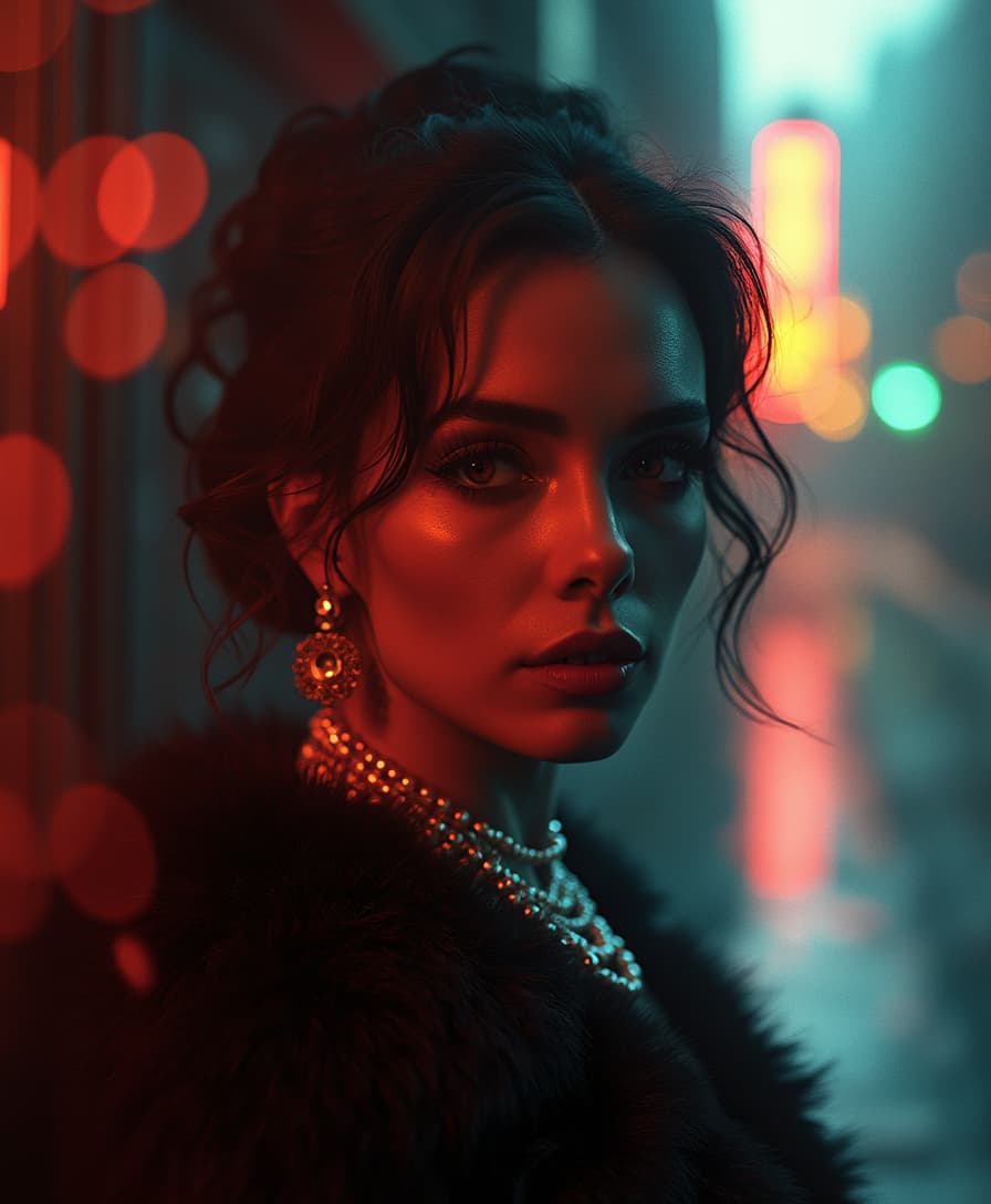 neo-noir cinematic scene dramatic, tilt shift, fur coat, high fashion, coco Chanel, sparkling pearls, Athens, extravagant, elegant, inspired by The Eyes of Laura Mars .A glamorous yet haunting atmosphere, featuring a striking female with intense eyes,Dramatic lighting with deep shadows and neon reflections.The image should evoke suspense and mystery, with a surreal touch--perhaps blurred reflections, out-of-focus lights, or a subtle double-exposure effect suggesting supernatural visions. Photographic compositions reminiscent of Helmut Newton’s edgy, and noir-inspired tones. Shot on 35mm film, ultra-realistic, highly detailed, dramatic composition,1 