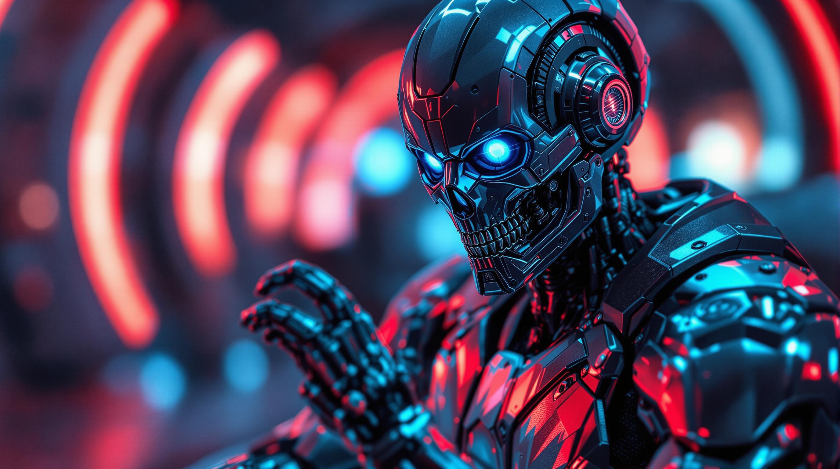Create a high-definition, photorealistic image featuring a **futuristic robot** in a **futuristic setting**:

- **Subject**: A humanoid robot with a **metallic, silver finish**, reflecting **red and blue lighting**. The robot's head is a **skull-like helmet** with **glowing blue eyes**, suggesting advanced AI. The helmet shows **intricate details** such as visible screw heads and lines, blending organic and mechanical aesthetics.

- **Body**: The robot's torso is encased in a **segmented suit of armor**, displaying functional yet aesthetically pleasing patterns and lines. it has designs on the armor in the artistry of Alex Grey. The armors paint is psychedelic and geometric painted. The arms are **articulated** with **precise fingers**, one hand slightly raised in contemplation or readiness.

- **Environment**: The background is **softly blurred** with hints of a **high-tech environment** filled with **circular motifs** and **red and blue lights**, enhancing the robot's futuristic theme.

- **Lighting**: Utilize **dramatic, high-contrast lighting** to emphasize the robot's textures and contours, giving a three-dimensional effect. The red and blue lights should cast dynamic reflections across the robot's armor.

- **Style**: Capture the scene in a **sci-fi style**, reminiscent of high-end concept art or futuristic movie stills, with a touch of **cyberpunk** aesthetics.

- **Composition**: Position the robot centrally in a **slightly low-angle shot** to convey its dominance and importance within the scene. The robot should be **seated**, with its arms and hands prominently displayed in the foreground.

- **Mood**: Evoke a sense of **technological marvel**, **intelligence**, and **futuristic contemplation**. The ambiance should feel **otherworldly** yet **believable**, with an atmosphere that hints at the dawn of a new technological era.

- **Technical Aspects**: Ensure **depth of field** is used to blur the background, focusing attention on the robot. Employ **high dynamic range** to capture the full spectrum of lighting conditions and **specular highlights** on the robot's surface to enhance the realism.