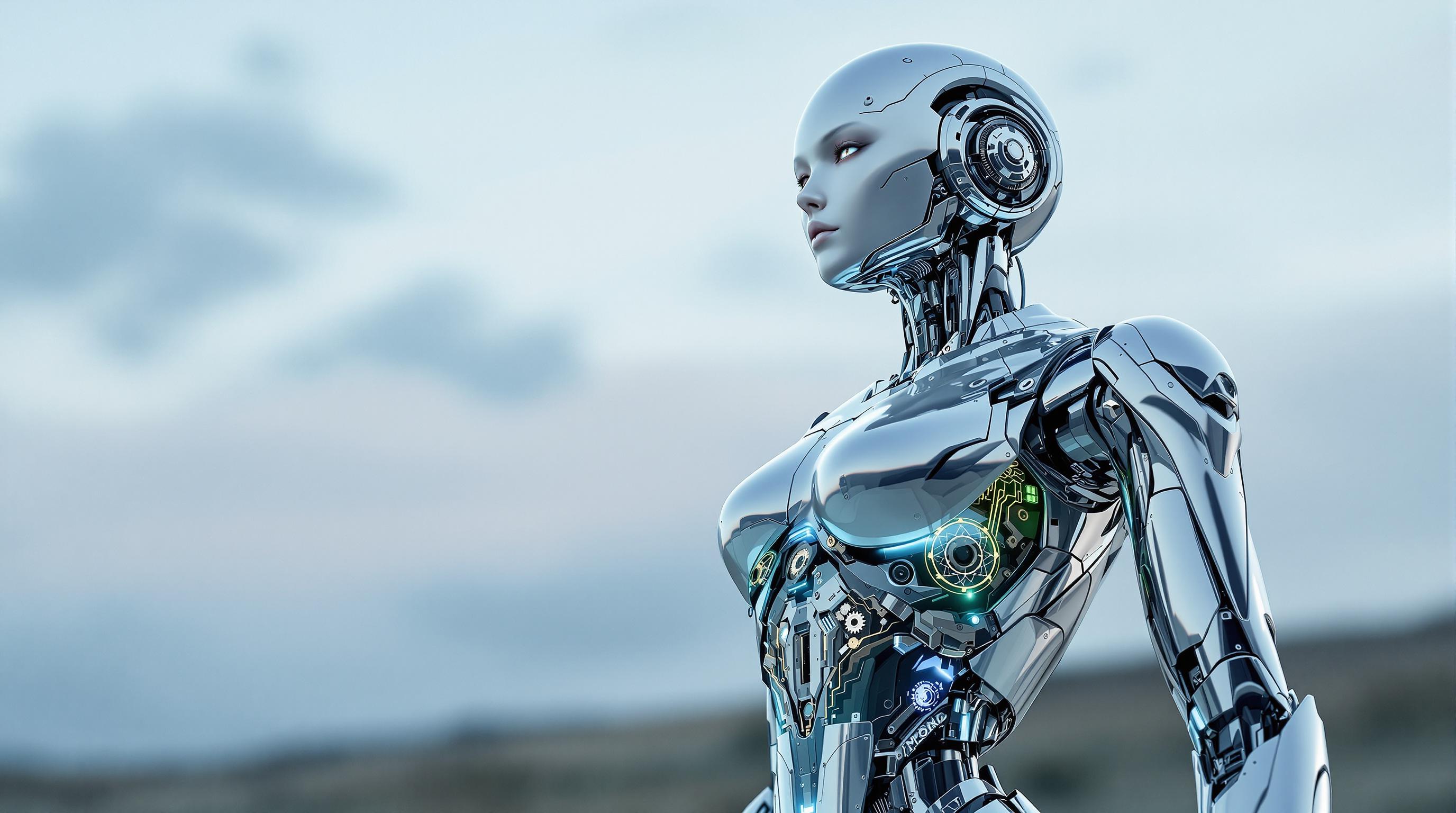 Create a hyper-realistic image of a female robot in the style of Alex Grey. The robot has a sleek, polished **metallic exterior** with visible **intricate gears and circuits** beneath transparent panels, set at an opacity of 2.3. Her limbs and torso exhibit:

- **High level of detail**: Every gear, circuit, and mechanical component is rendered with precision engineering, showcasing advanced technology.

**Visual Details:**
- **Metallic Colors**: Predominantly silver and chrome with subtle hints of blue and green to reflect the internal circuitry.
- **Lighting**: Use soft, diffused lighting to highlight the reflective surfaces and create depth within the transparent panels.

**Composition:**
- **Subject Positioning**: The robot stands in a dynamic pose, one arm slightly extended as if reaching out, her gaze directed slightly above the camera, suggesting contemplation or interaction.
- **Camera Angle**: A low-angle shot to emphasize the robot's height and imposing presence, with a shallow depth of field to blur the background.

**Mood and Atmosphere:**
- **Time of Day**: Dusk, with ambient light casting long shadows and giving the robot an ethereal glow.
- **Atmosphere**: A serene yet futuristic environment, possibly in a minimalist studio with soft ambient music playing in the background.

**Technical Aspects:**
- **Hyperrealism**: Achieve a level of detail that blurs the line between digital art and photography.
- **Depth of Field**: Use a narrow depth of field to focus on the robot while subtly blurring the intricate details in the background.
- **Artistic Style**: Mimic Alex Grey's style with an emphasis on spiritual and technological fusion, incorporating elements of surrealism.

**Cohesion**: All elements should harmonize to create a unified scene where the robot appears both as a product of advanced technology and an ethereal being, embodying the fusion of human and machine in a serene, futuristic setting.