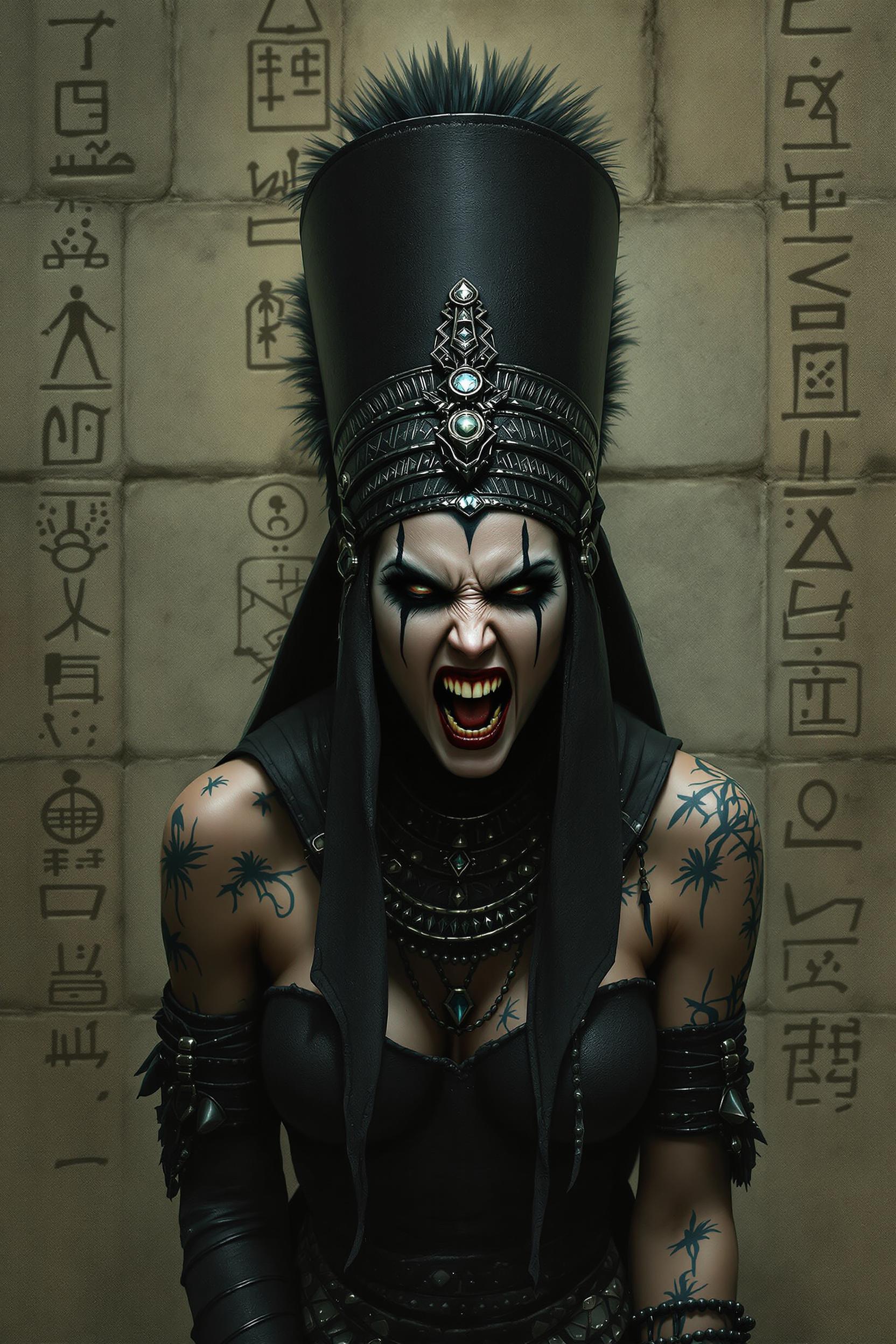 A Goth woman with heavy makeup, extensive facial markings and tattoos, wearing a black egyption style headdress, mouth open in an angry scream, bg stone wall with hieroglyphs, main colour palette black and dark greens, airbrushed fantasy art