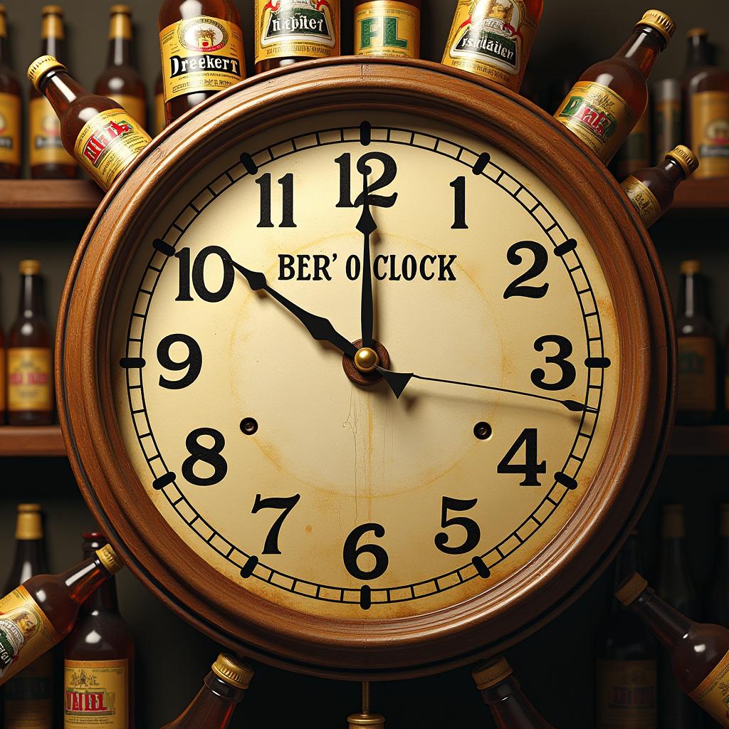 Hyper detailed realistic detailed clock, with beer bottles where numbers are text saying it's beer o'clock somewhere