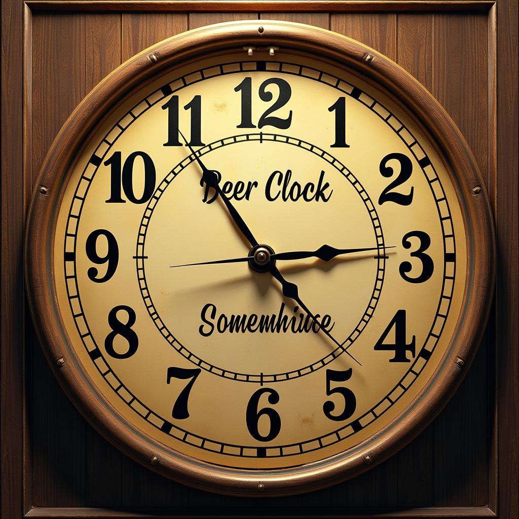 Hyper detailed realistic detailed clock, with beer bottles where numbers are text saying it's beer o'clock somewhere