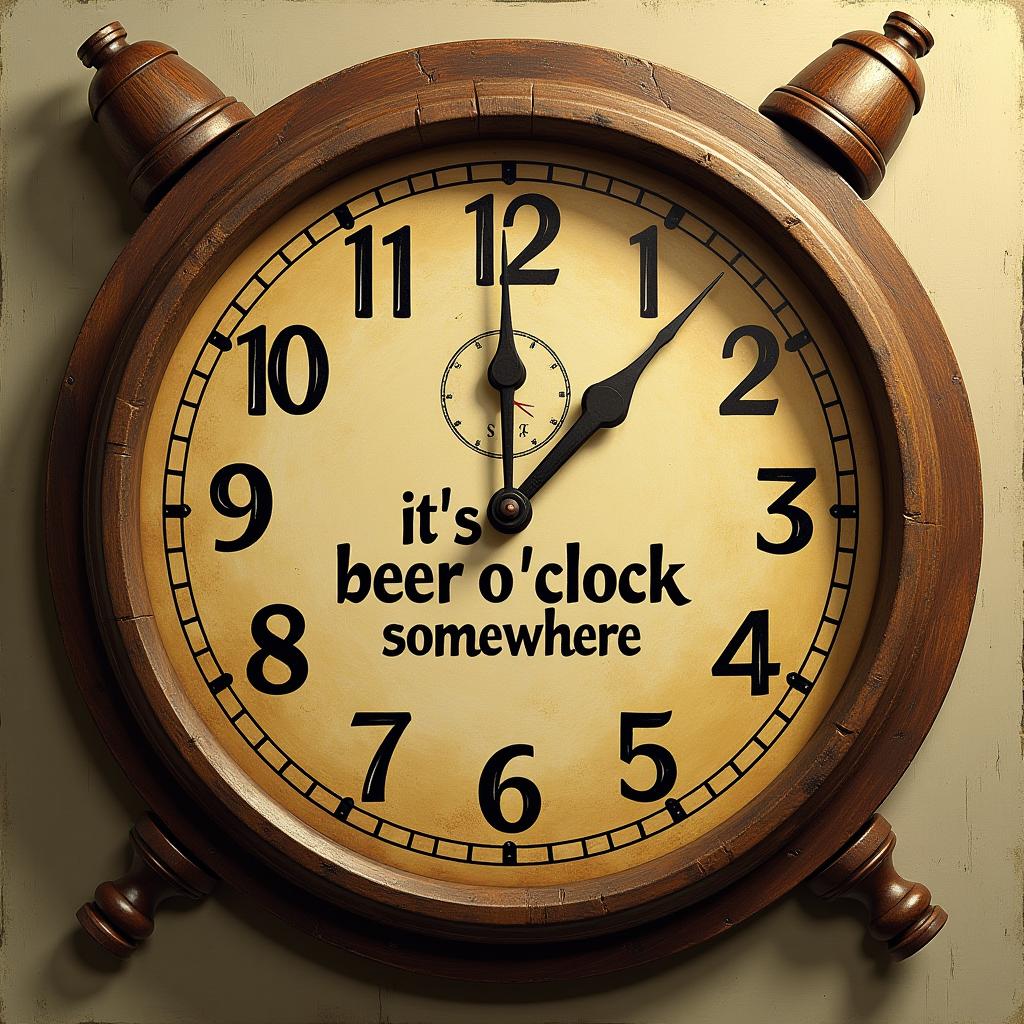 Hyper detailed realistic detailed clock, with beer bottles where numbers are text reading "it's beer o'clock somewhere"