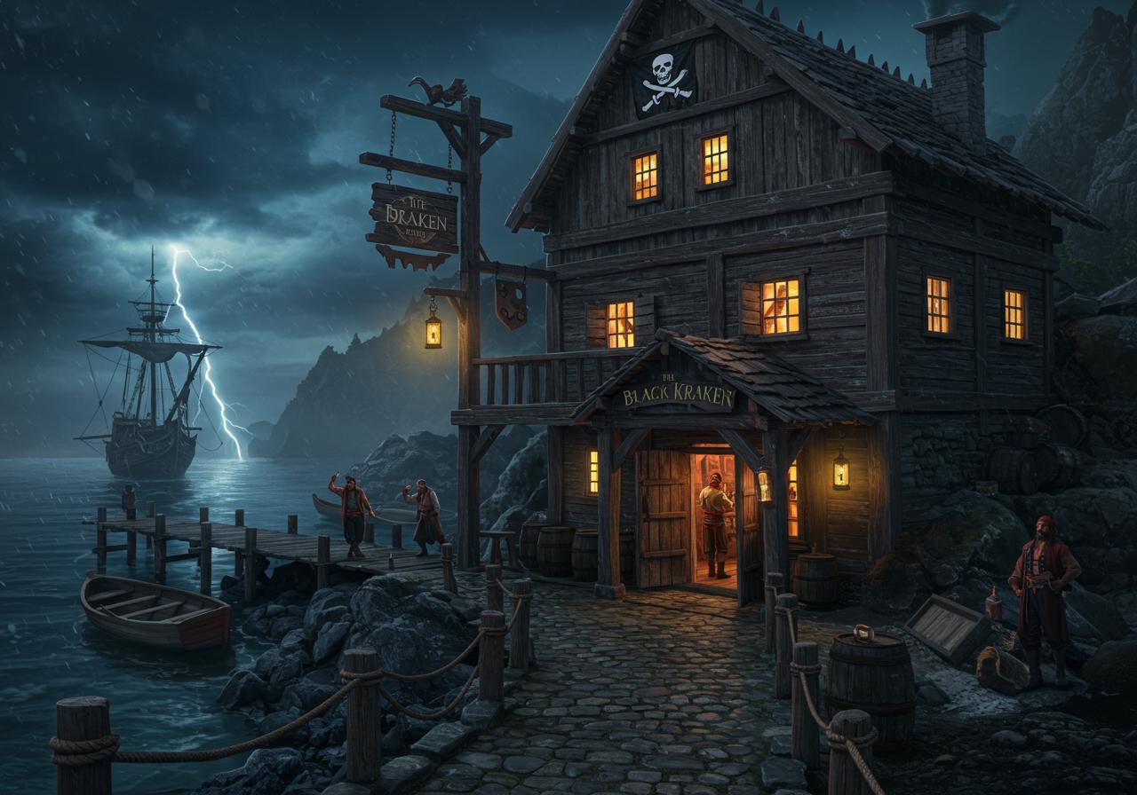 A rugged medieval pirate tavern stands on the edge of a rocky coastline under a stormy night sky. Its wooden structure is weathered, with crooked beams and a large, creaking sign swinging above the entrance, reading ‘The Black Kraken’ in faded gold letters. Dim lanterns flicker, casting an eerie glow on the cobblestone path leading to the heavy wooden doors, where rowdy voices and laughter echo from within.The tavern’s windows glow warmly, revealing shadows of pirates drinking and brawling inside. A few drunken sailors stumble outside, laughing, while another leans against a barrel, bottle in hand. A dock stretches nearby, moored with small rowboats rocking in the tide, while a looming pirate ship rests further out to sea.The air is thick with salt, smoke, and adventure, as a storm brews in the distance, lightning illuminating the dark clouds. A black flag with a skull and crossed swords flutters from the roof, a silent warning to outsiders—only the bravest or the most foolish enter here.