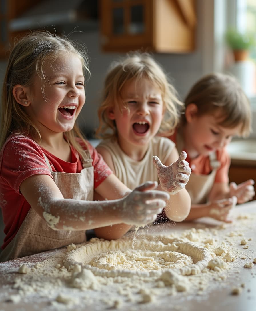 A kitchen covered in flour, laughing kids with dough on their hands, having fun in the process.