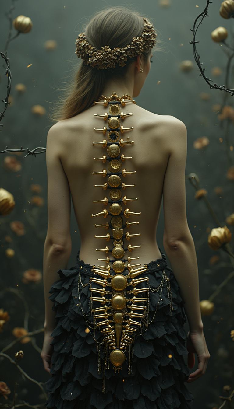 collodion ethereal blurry photography of a beautiful back of a female model with golden moon crescents spine with spikes, buckles, plastic wrap, pearls, golden moon and golden stars on her back, dark flowers background, motion blur, barbwires frame, perfect pose, masterpiece 