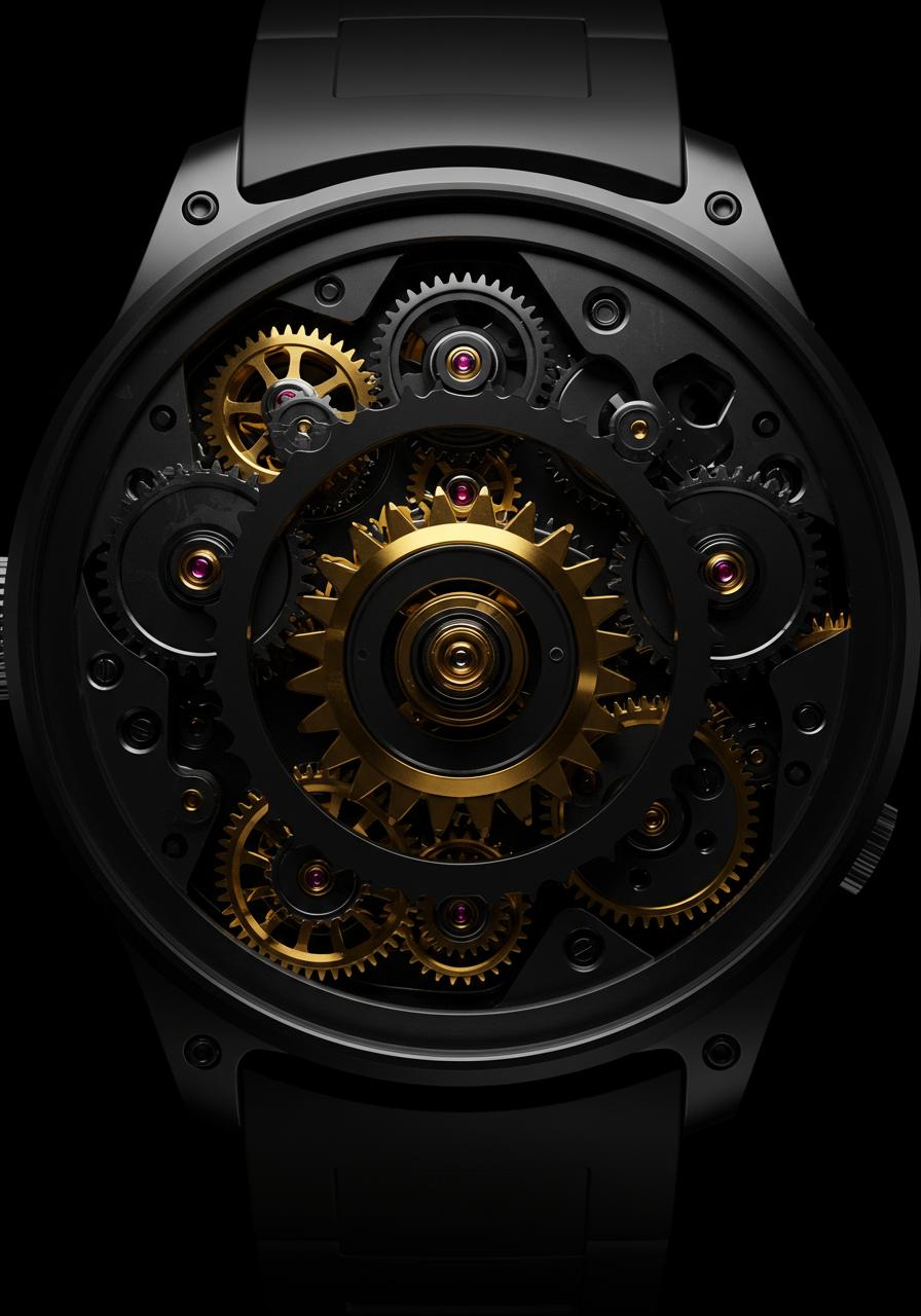 A hyper-realistic, ultra-luxurious mechanical gear system with a sleek black metal finish. Front view, The scene features a large central gear with toned down gold teeth, surrounded by smaller interlocking gears and precision-engineered components. The background is deep black, enhancing the contrast of metallic highlights and shadows. The composition exudes modern sophistication, with intricate industrial details, high-end craftsmanship, and a futuristic yet elegant aesthetic. Cinematic lighting with soft reflections and dramatic depth, perfect for a luxury watch or mechanical concept