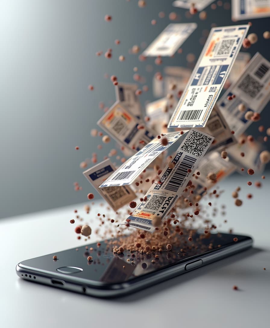 A sleek iPhone lying on a clean surface, emitting multiple baseball game tickets that burst out of the screen in a cascading motion. The tickets are highly detailed, featuring event information, QR codes, and premium printing textures. The shot is taken from a slightly tilted perspective, emphasizing the depth and motion of the tickets flying outward. The background is soft and minimalistic, keeping the focus on the ticketing transition. Ultra-sharp details and realistic lighting.