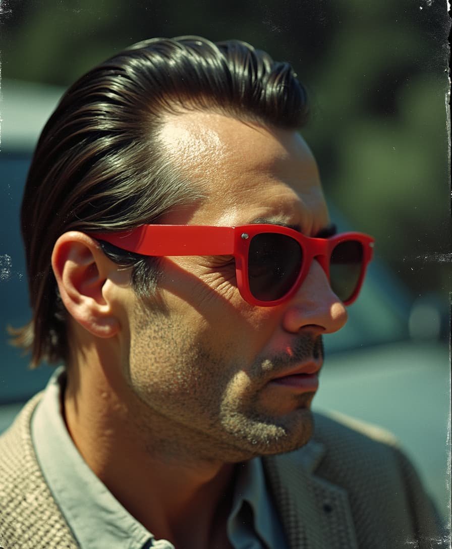 side profile of man with dark brown hair slicked back and red sunglasses, photo realistic, rounded features, editorial, motion blur, add noise, captured on a disposable camera