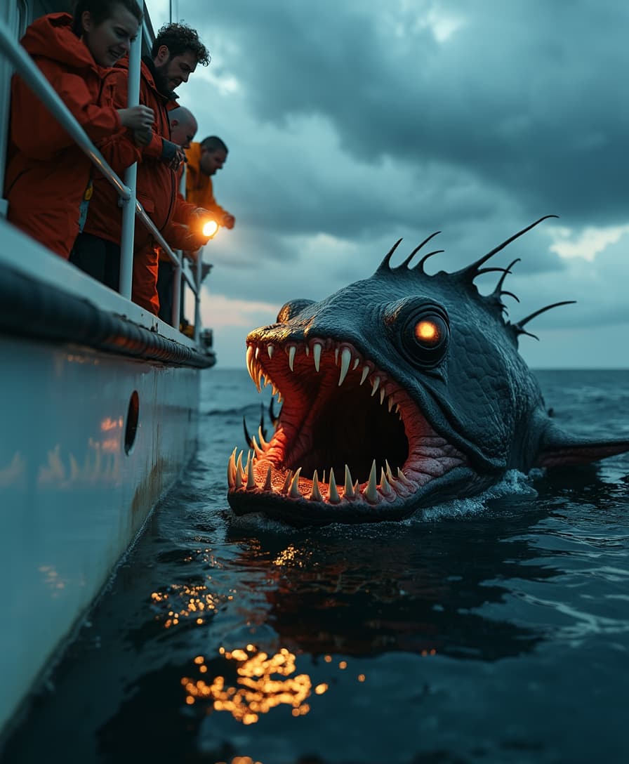Marine biologists in a research vessel peer over the side, their flashlights catching the gleaming black scales and monstrous teeth of the Black Devil anglerfish, a deep-sea nightmare now drifting eerily at the ocean’s surface. The creature’s eerie glow reflects off the scientists’ shocked expressions. The sky is a mix of twilight and storm clouds, setting an ominous tone.