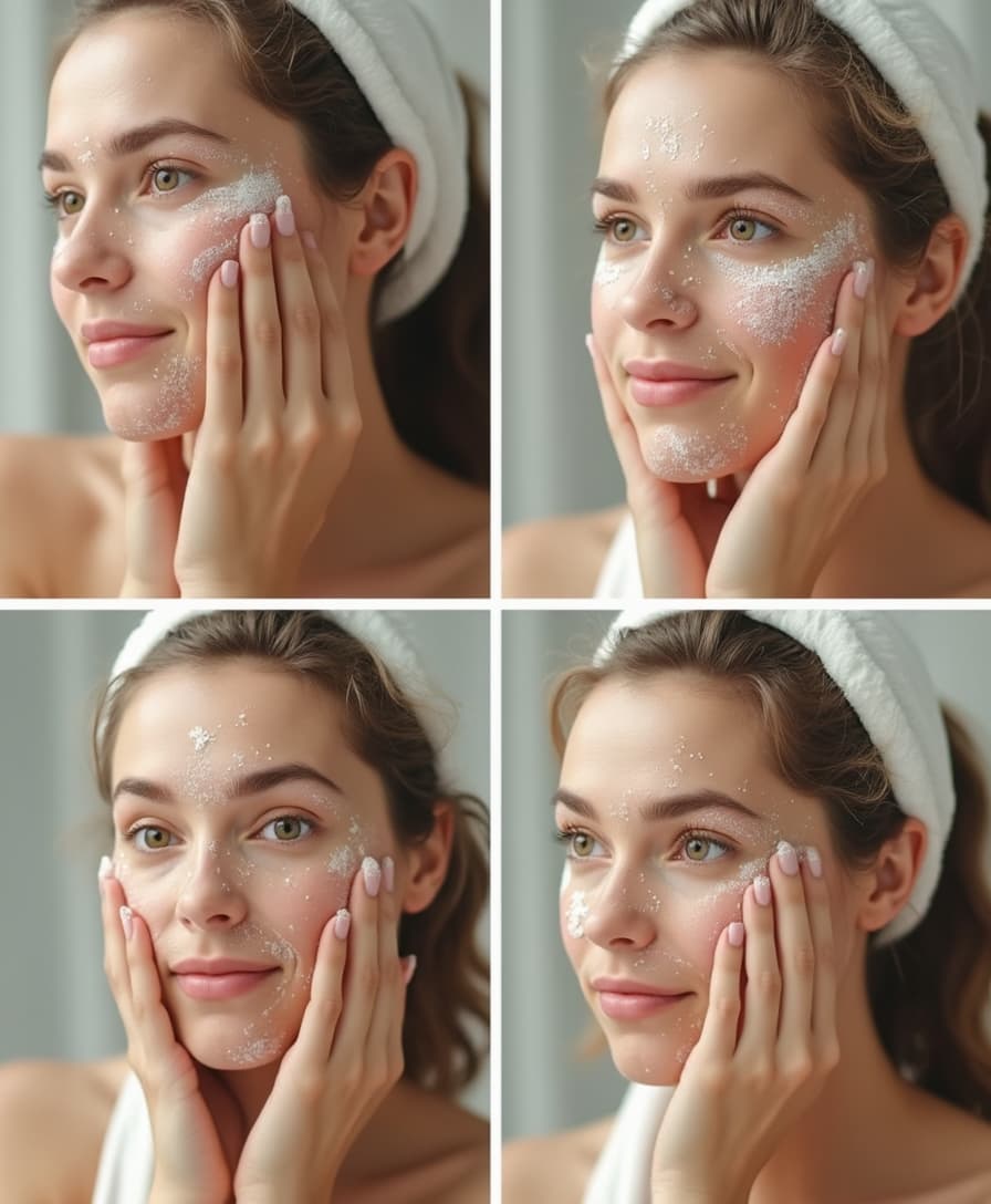 4 split screen, 4four photos, facecare routine step by step. it should give clean, that-girl aethetics