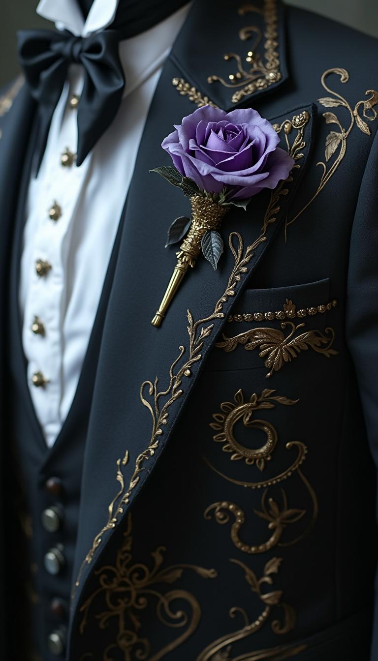 A stunning tailored suit of obsidian with golden accents and purple boutonniere for a dark fae lorrd in the style of ACOTAR. Fantasy. Photorealistic