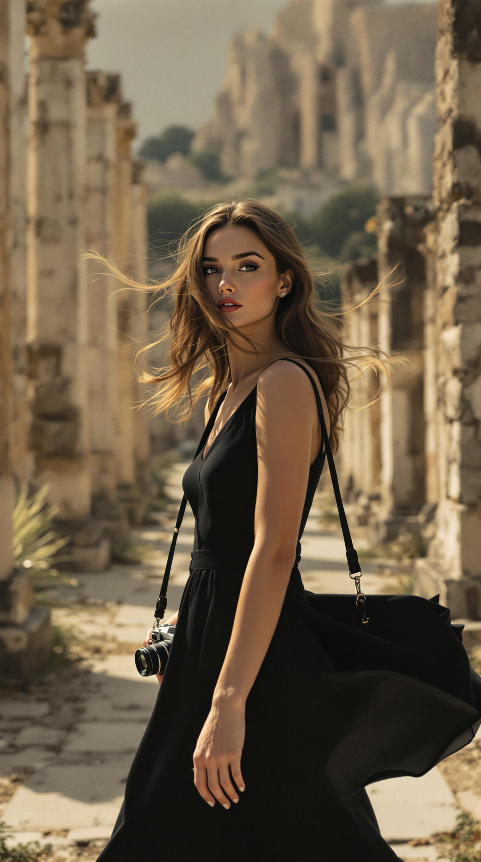 **Prompt:**

Create a wide shot of a young, modern woman with long, flowing brunette hair, styled in a chic, contemporary manner reminiscent of Audrey Hepburn, set amidst the ancient European ruins. She is walking gracefully, her posture exuding poise and confidence as if she herself is the subject of a high-fashion editorial. 

**Visual Details:**
- She wears a sleek, modern black dress that hints at the elegance of the 1950s but with a fresh, current silhouette. 
- Her skin glows with a natural, sun-kissed radiance, and her eyes are bright, capturing the light with a playful yet sophisticated sparkle.
- She holds a vintage film camera, its strap casually draped over her shoulder, adding a layer of nostalgia to her modern look.

**Style:**
- Capture this scene in the style of a high-fashion photography shoot, with a nod to the black-and-white film photography of the mid-20th century but rendered in soft, muted colors to emphasize the timeless beauty of both the model and the setting.

**Composition:**
- The woman should be positioned slightly to the left of center, walking towards the camera, with the ruins sprawling majestically behind her, creating a sense of depth and grandeur.
- The camera angle is slightly low, giving her a statuesque appearance, with the ruins rising in the background, framing her silhouette.

**Mood and Atmosphere:**
- The mood is serene yet dynamic, evoking a sense of timelessness. The lighting is soft and golden, as if it's late afternoon, with the sun casting long shadows and highlighting the textures of the ruins.
- There is a gentle breeze, causing her dress to flutter slightly, adding movement to the stillness of the ancient stones.

**Technical Aspects:**
- Use a shallow depth of field to blur the background slightly, focusing sharply on the woman, enhancing her prominence in the scene.
- Employ a cinematic lens with a slightly wide angle to capture the expansive ruins while keeping the subject in focus.
- The image should have a high dynamic range, with deep blacks and whites that contrast beautifully with the soft, diffused colors of the ruins.

**Cohesion:**
- The scene should seamlessly blend the old with the new, creating a narrative where history and modernity coexist in harmony, with the woman as the bridge between these eras.