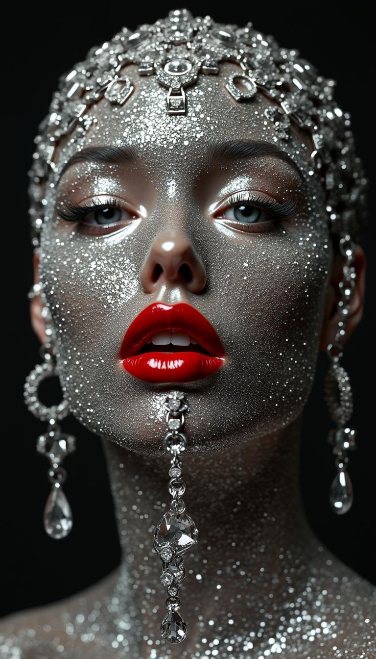 symmetrical face with red lipstick, the head is covered in chains and diamonds. Hanging from its mouth are crystal drops dripping down her chin, against a black background. Photo-realistic techniques create a shiny, glossy effect. In the style of Patrick Demarchelier, this image embodies a glittercore, y2k aesthetic with oversized objects 