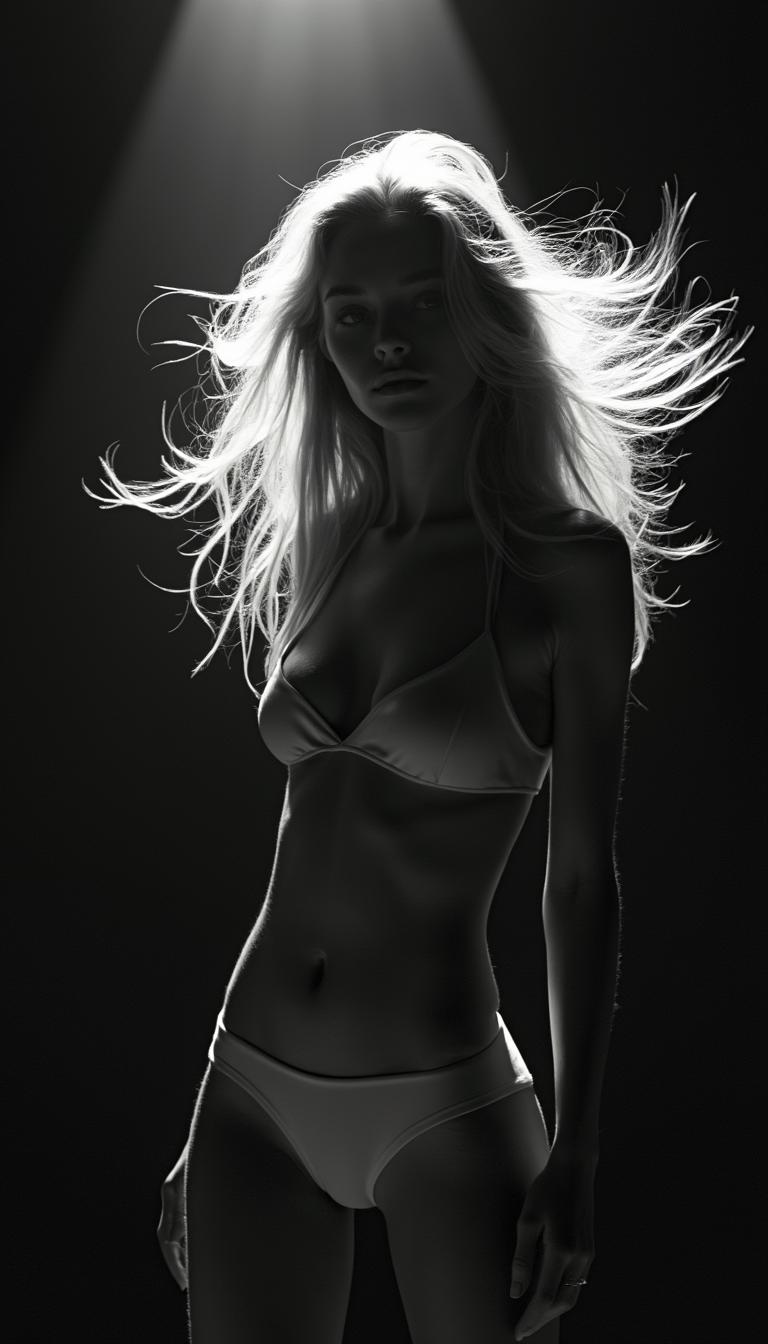 A black and white photograph of an attractive woman, her hair blowing in the wind. The title "jedrolil.com" is written in the top right corner. The background is dark, with light shining from the upper left side, creating an overall mysterious mood. The woman has long blonde hair and is wearing minimalistic . The lighting provides contrast between the shadowy parts of her face and body. The photo was taken in the style of Peter Lindbergh, conveying a sense of film noir aesthetic. 