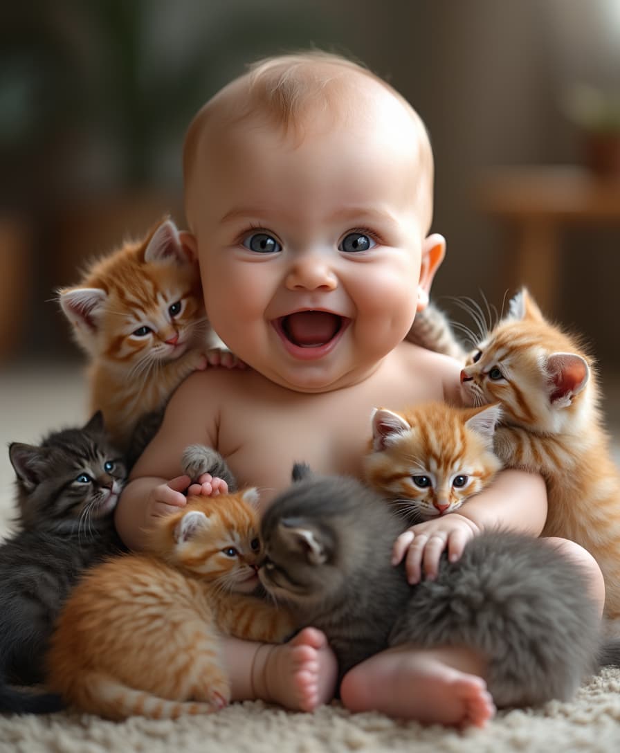 A hyper-realistic and heartwarming photograph of a chubby, happy baby sitting with multiple tiny kittens playfully clinging to them. The kittens, of various colors and fluffy textures, are gently hanging onto the baby's arms, shoulders, and legs, some pawing at their soft cheeks. The baby's joyful expression, wide sparkling eyes, and slight giggles add to the charm. Soft, natural lighting enhances the warmth of the scene, with a blurred cozy indoor background for a professional touch