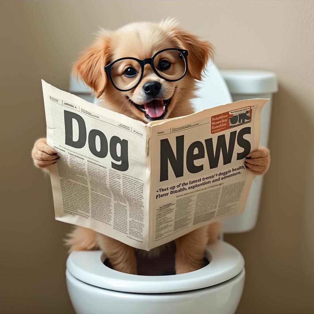 A dog with glasses sitting on an open toilet seat reading a newspaper with large bold text "Dog News" and a smaller subtitle "- Keep up with the latest trends in doggie health, exploration and adventure" on a beige background. The puppy looks happy while reading the newspaper. The image is high resolution, high quality, rich in detail and in sharp focus