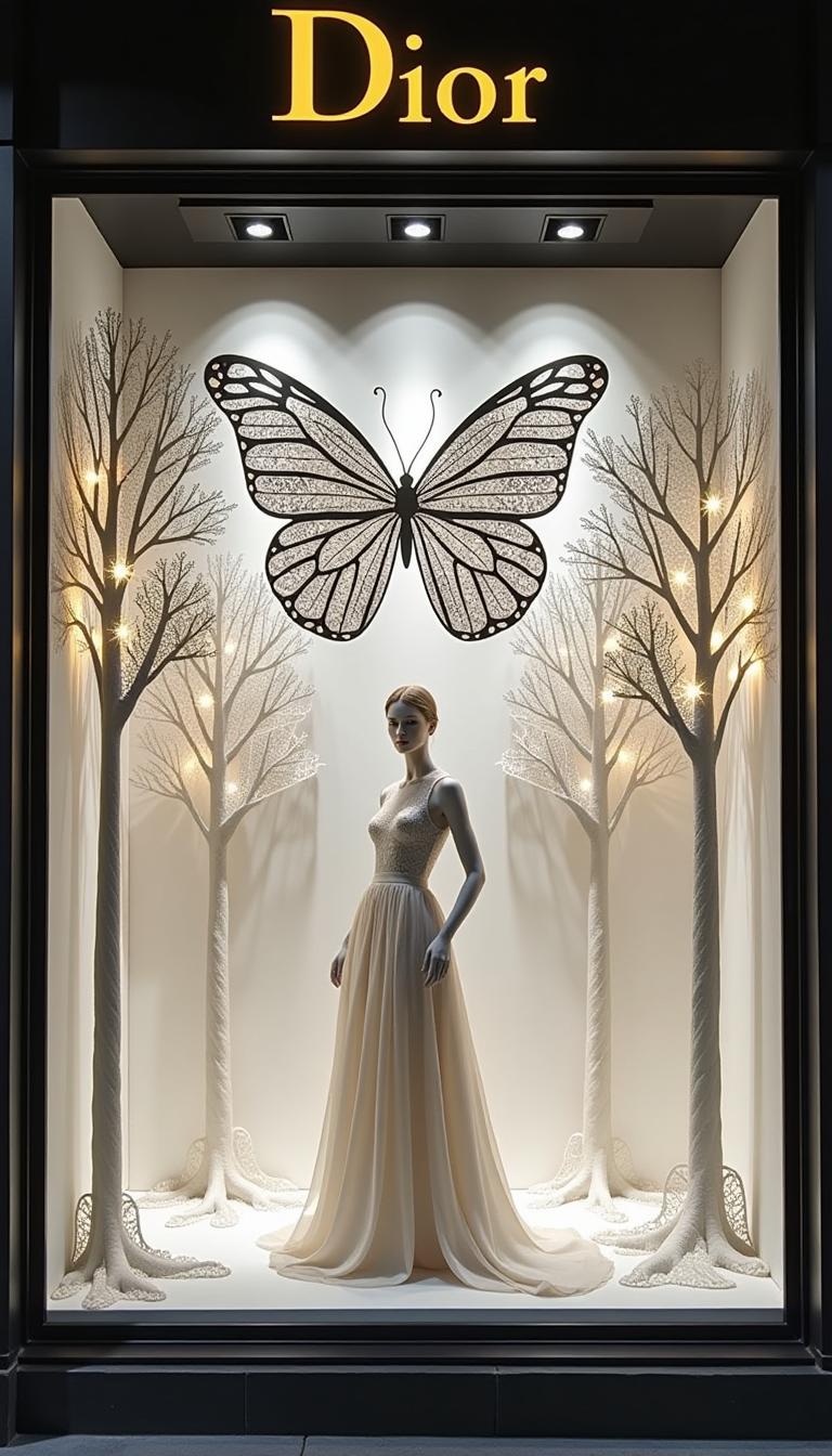 A Dior store window with an intricate paper art design of a world map and white lace butterfly wings, the word "HUMA " written in gold on top. A beautiful mannequin wearing a vintage long dress stands inside, surrounded by trees made from lace and glittering lights. The scene is bathed in soft light, creating a dreamy atmosphere.
