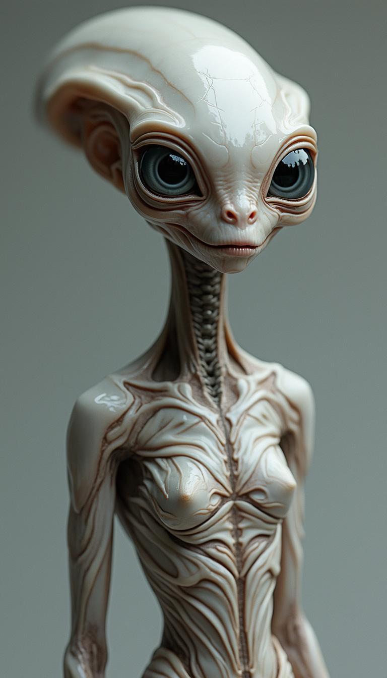 An alien with a very long neck and very detailed translucent white skin, elongated head and large cosmos gray eyes wearing a sophisticated and futuristic outfit, on a gray background in the style of hyperrealistic photography.