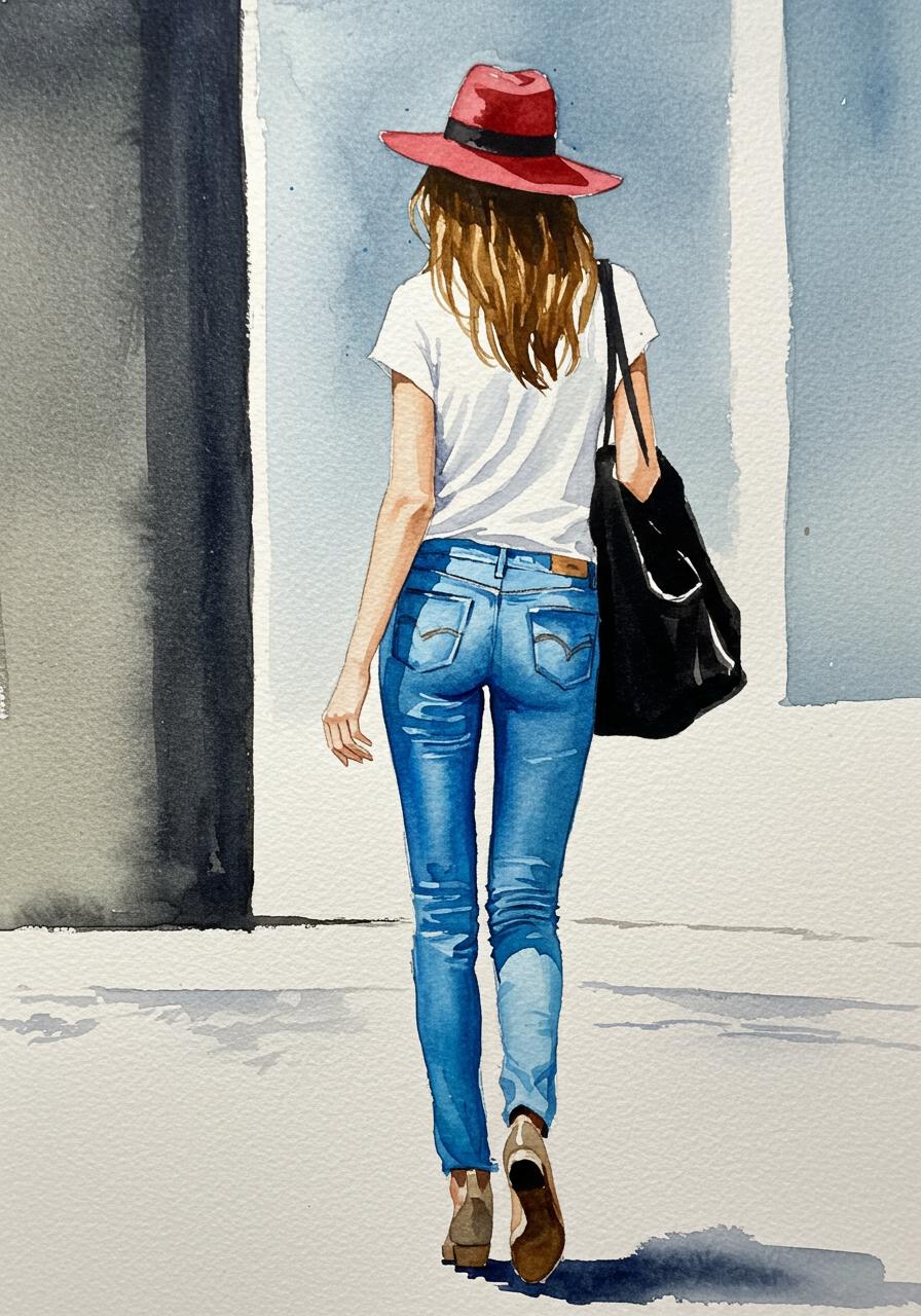 a watercolor painting of a beautiful woman in blue jeans, white shirt and red hat, walking back to the camera, she's holding a black bag, very loose style, very washy style, jean haines style artwork