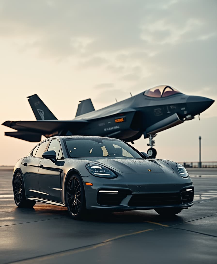 A gray Porsche Panamera with an F-35 fighter jet behind it, captured in an iPhone photograph. 
