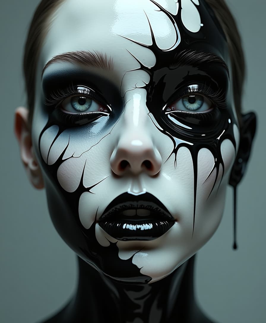Hyper-realistic surreal artwork of a porcelain-like female face, cracked and infused with glossy black liquid flowing over and through the cracks. The face has an eerie, dreamlike expression, with long, delicate eyelashes and black lips. The liquid appears alive, dripping and forming abstract organic patterns. High contrast, ultra-detailed, and cinematic lighting. 4K resolution, large-scale composition