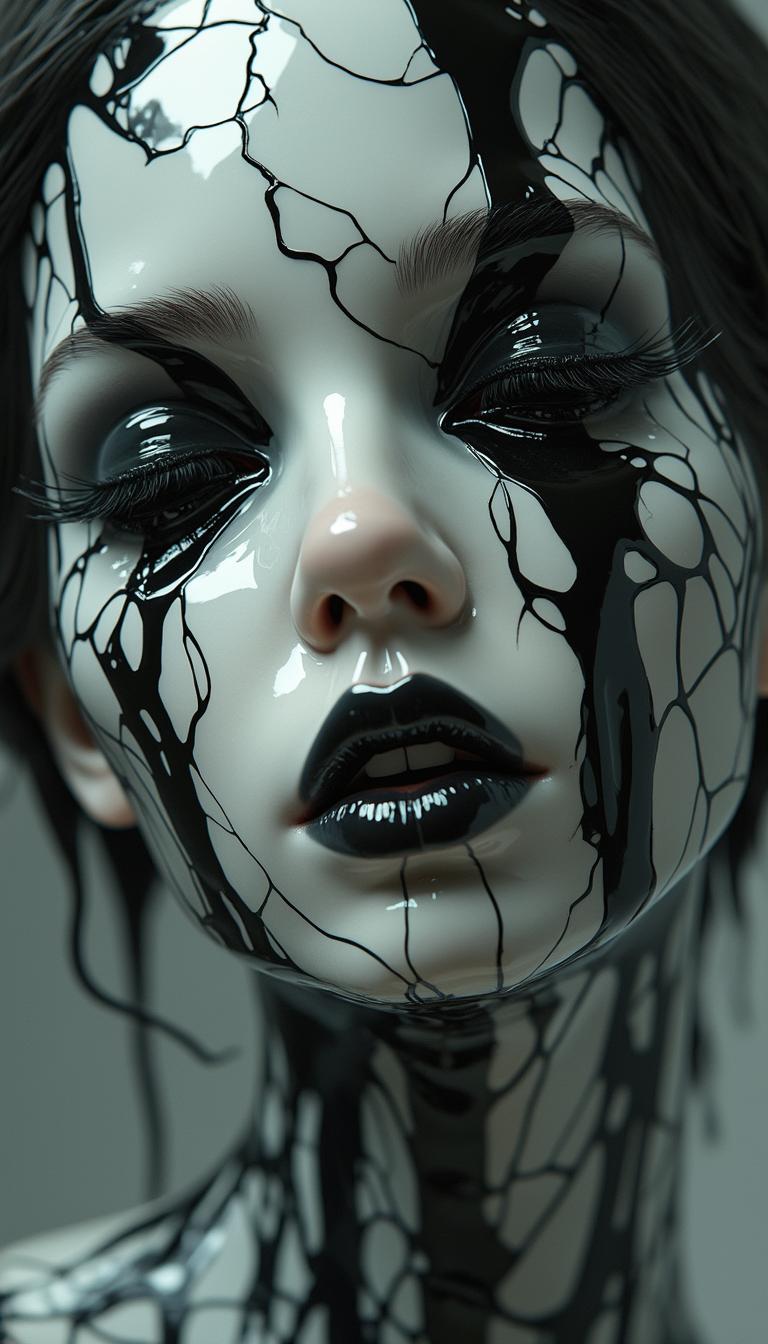 Hyper-realistic surreal artwork of a porcelain-like female face, cracked and infused with glossy black liquid flowing over and through the cracks. The face has an eerie, dreamlike expression, with long, delicate eyelashes and black lips. The liquid appears alive, dripping and forming abstract organic patterns. High contrast, ultra-detailed, and cinematic lighting. 4K resolution, large-scale composition
