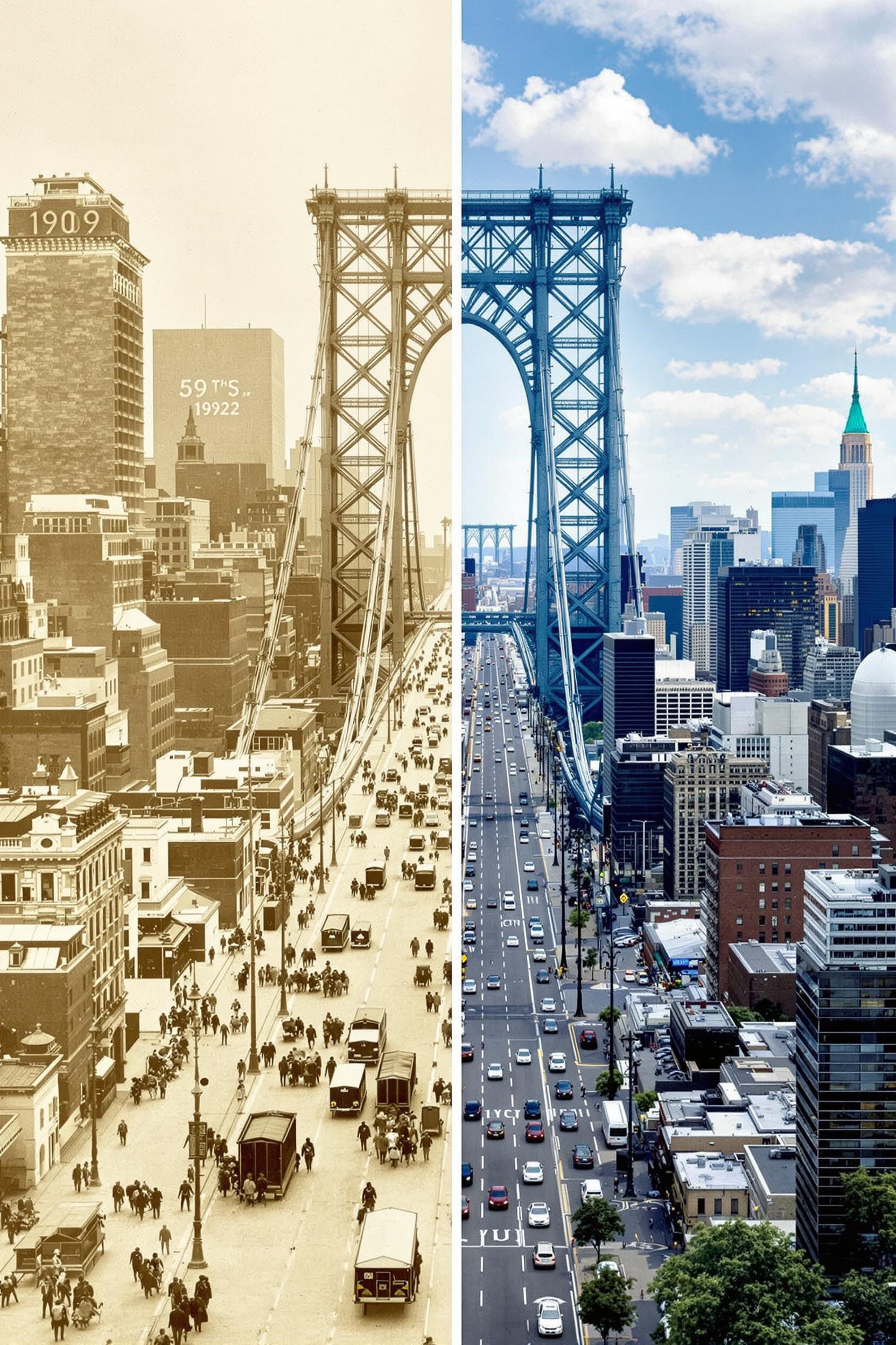  Queensboro Bridge, New York.
A split-frame image of the 59th Street Queensboro Bridge in New York City, with the left side showing the year 1909 in sepia tones, featuring early 20th-century architecture, horse-drawn carriages, and simpler buildings. The right side depicts the year 2022 in full color, showcasing the modern NYC skyline with towering skyscrapers, bustling traffic, and advanced architecture. The iconic bridge stands central in both time periods, emphasizing the transformation of the city from past to present.