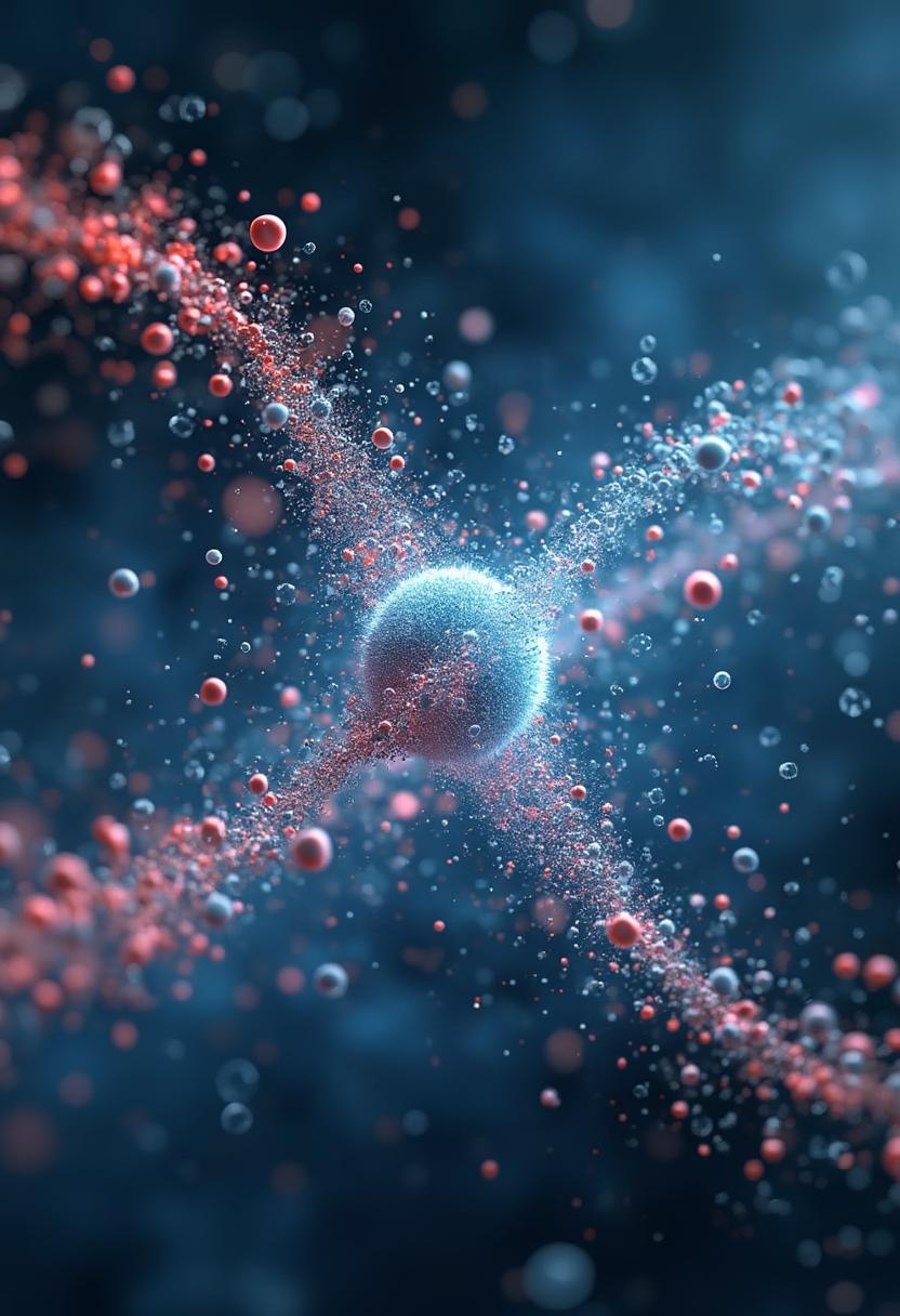 a scientific image of the concept of quantum entanglement, showing two particles matching characteristics at a distance through the quantum realm