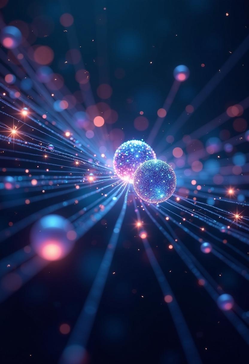 Create an image depicting **quantum entanglement** as an **ethereal dance** of **glowing particles** suspended in a **vast, dark void** representing the quantum realm:

- **Visual Details:** 
  - The particles **shimmer** with **iridescent hues** of **blues, purples, and pinks**, each emitting **subtle quantum vibrations** visible as **flickering light**.
  - Entanglement is shown by **glowing, translucent threads** connecting the particles, **throbbing** with a **rhythm** that suggests **synchronicity**.

- **Style:** 
  - Blend **abstract expressionism** with **scientific illustration** to capture the **mystical** yet **precise** nature of quantum entanglement.

- **Composition:**
  - Center the particles in the frame, with **threads of entanglement** stretching across, **drawing the viewer's eye** to their connection.
  - Use a **slightly tilted camera angle** to emphasize the **dynamic nature** of the entanglement.

- **Mood and Atmosphere:**
  - An **awe-inspiring** yet **serene** atmosphere, with **dim ambient lighting** to reflect the **mysterious** and **enigmatic** nature of quantum physics.
  - Set the scene in **perpetual twilight** to enhance the **otherworldly** feel of the quantum realm.

- **Technical Aspects:**
  - Utilize **high contrast** to highlight the particles and threads, with **soft focus** around the edges to blend into the void.
  - Incorporate **bokeh** to provide **depth** and **focus** on the entanglement threads.

- **Cohesion:**
  - The **color palette** and **light effects** work in unison to create a **visual metaphor** for the **intricate, invisible connections** of quantum entanglement, ensuring the image feels **scientifically accurate** yet **visually captivating**.