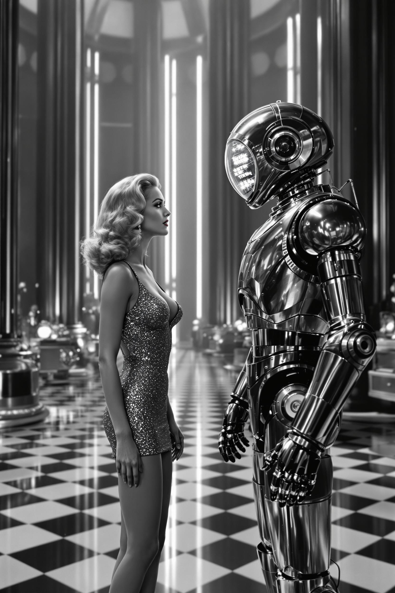 In this still frame from a 1950's science fiction movie, a beautiful blonde actress with wavy hair styled in a glamorous 1950s fashion, wearing a very short, shimmering metal mesh dress with a plunging neckline that sparkles under the lights, is positioned at the center of the frame. She is seen talking to a large humanoid robot with a glass dome for a head. Inside the dome, twinkling lights flicker, giving the robot an almost sentient presence. The robot, made of shiny metal, has articulated arms and legs, and stands facing the actress. 

The scene is set inside an alien laboratory, depicted with grandiose, futuristic architecture. Large vertical structures traverse the space, casting elongated shadows on the black and white checkerboard floor that is highly reflective, creating an almost surreal visual effect. The lighting is dramatic, with high contrast typical of the black and white film era, highlighting the reflective surfaces and the intricate details of the laboratory equipment scattered around. The overall mood is tense and mysterious, capturing the essence of classic science fiction, with an air of suspense and otherworldly intrigue.