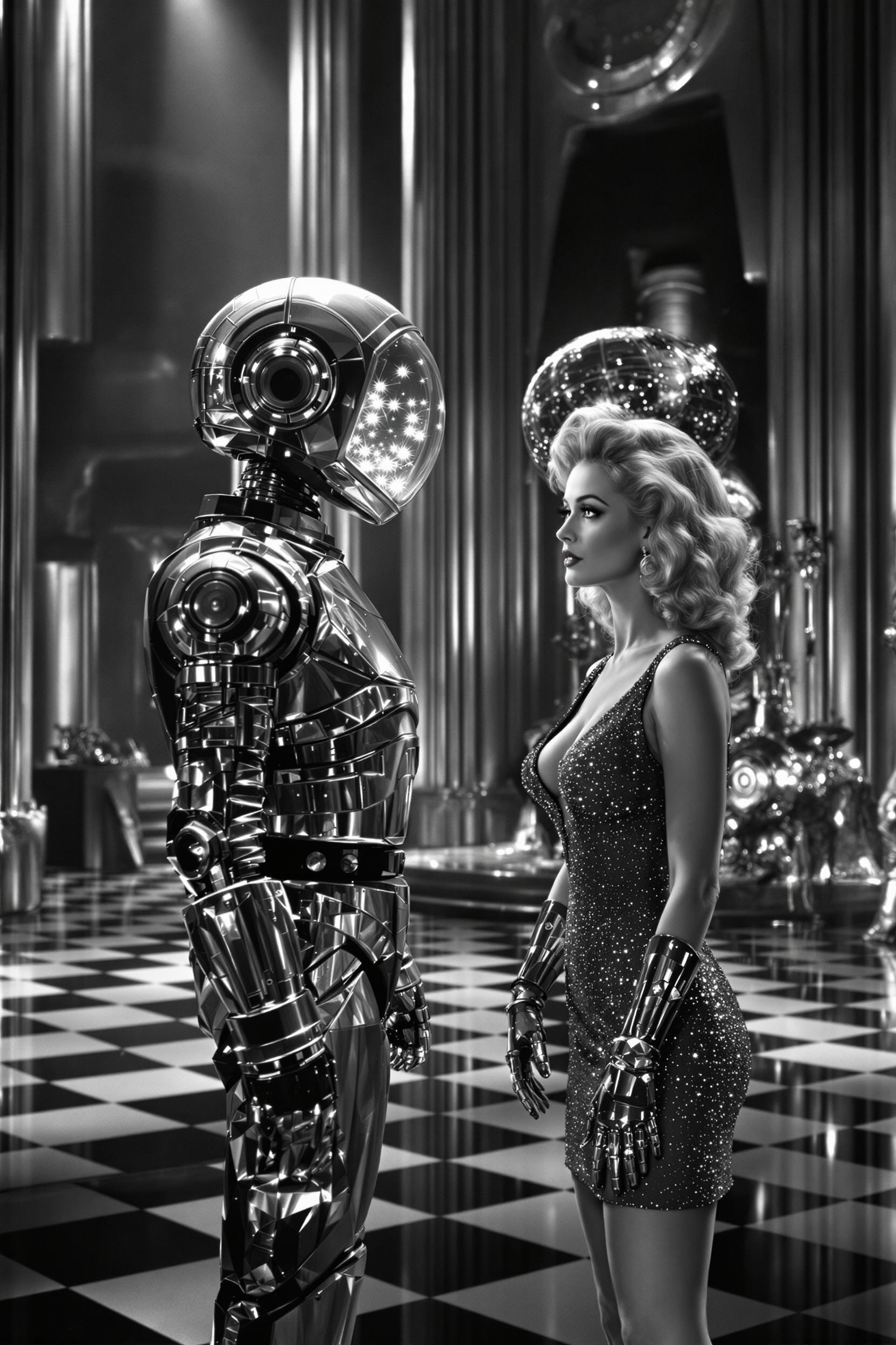 In this still frame from a 1950's science fiction movie, a beautiful blonde actress with wavy hair styled in a glamorous 1950s fashion, wearing a very short, shimmering metal mesh dress with a plunging neckline that sparkles under the lights, is positioned at the center of the frame. She is seen talking to a large humanoid robot with a glass dome for a head. Inside the dome, twinkling lights flicker, giving the robot an almost sentient presence. The robot, made of shiny metal, has articulated arms and legs, and stands facing the actress. 

The scene is set inside an alien laboratory, depicted with grandiose, futuristic architecture. Large vertical structures traverse the space, casting elongated shadows on the black and white checkerboard floor that is highly reflective, creating an almost surreal visual effect. The lighting is dramatic, with high contrast typical of the black and white film era, highlighting the reflective surfaces and the intricate details of the laboratory equipment scattered around. The overall mood is tense and mysterious, capturing the essence of classic science fiction, with an air of suspense and otherworldly intrigue.